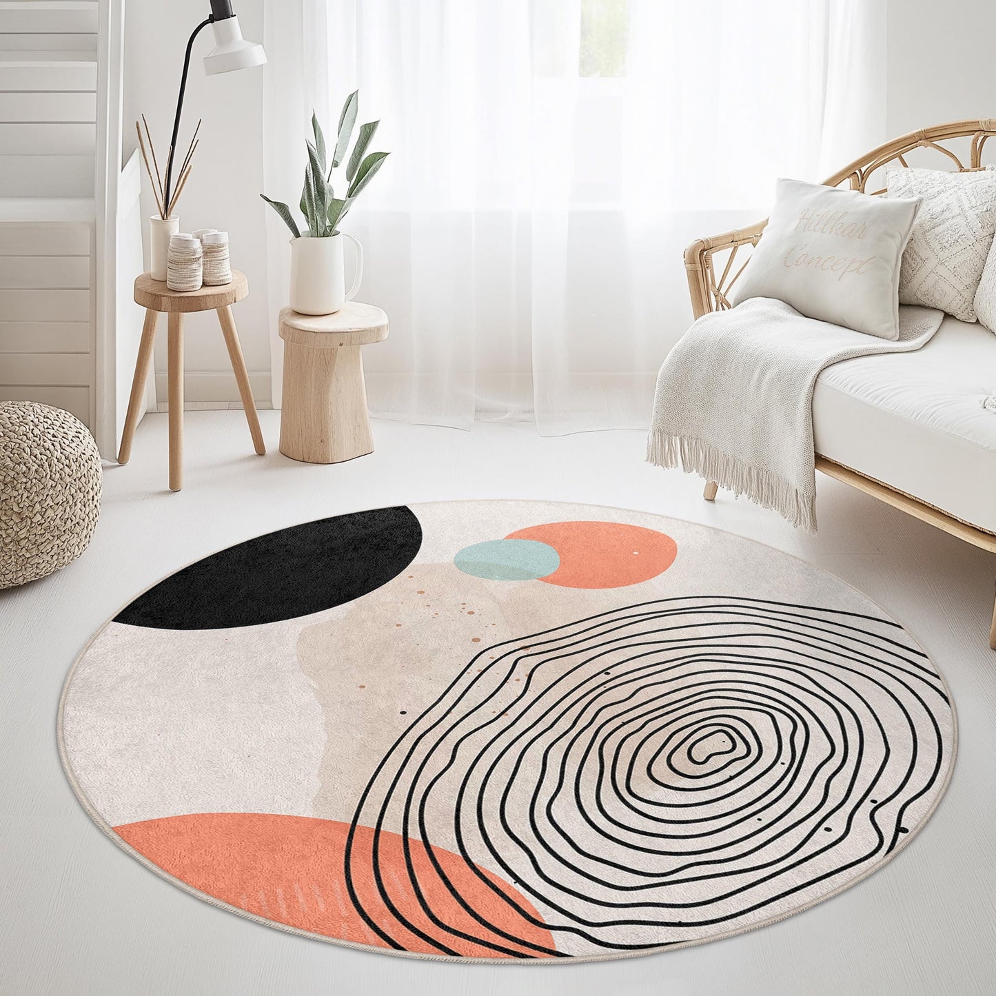 Abstrakter runder Baumwollteppich | Moderner runder Teppich mit einzigartigem Design | Weiche, rutschfeste Bodenmatte fürs Wohnzimmer