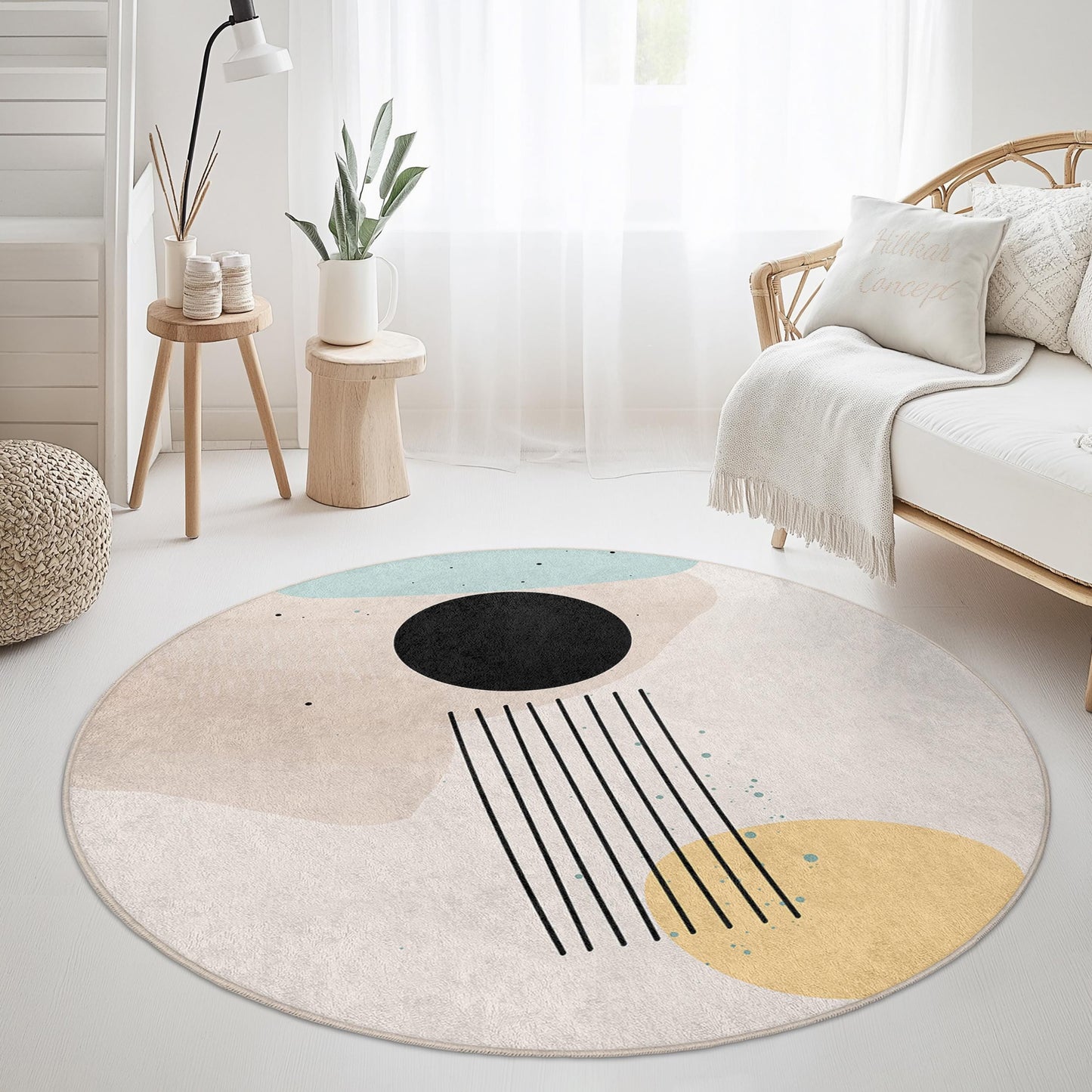 Abstrakter, geometrischer, runder Teppich | Moderner runder Teppich fürs Wohnzimmer | Weiche Baumwoll-Fußmatte | Trendige Wohnaccessoires