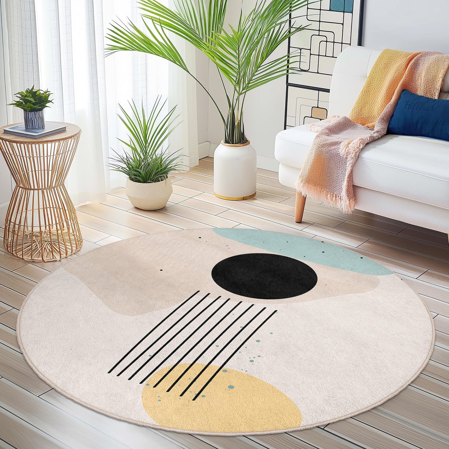 Abstrakter, geometrischer, runder Teppich | Moderner runder Teppich fürs Wohnzimmer | Weiche Baumwoll-Fußmatte | Trendige Wohnaccessoires