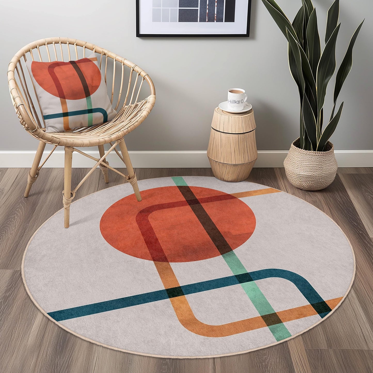 Abstrakter, geometrischer, runder Teppich | Moderner Kreisteppich fürs Wohnzimmer | Stilvolle Wohndekoration | Weiche, waschbare Teppichmatte mit Muster