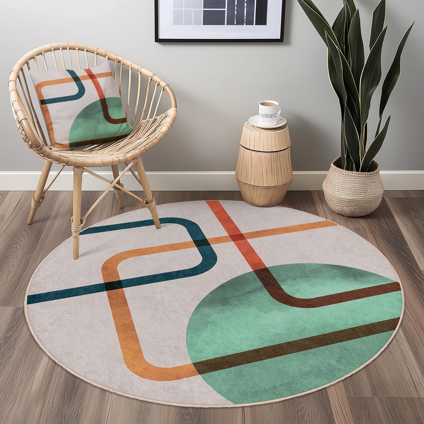 Abstrakter, geometrischer, runder Teppich | Runder Teppich im Stil moderner Kunst | Weiche, rutschfeste Baumwollmatte fürs Wohnzimmer