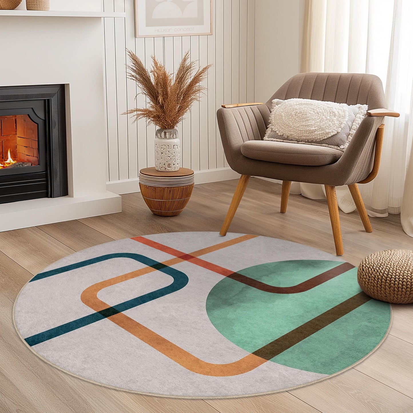 Abstrakter, geometrischer, runder Teppich | Runder Teppich im Stil moderner Kunst | Weiche, rutschfeste Baumwollmatte fürs Wohnzimmer