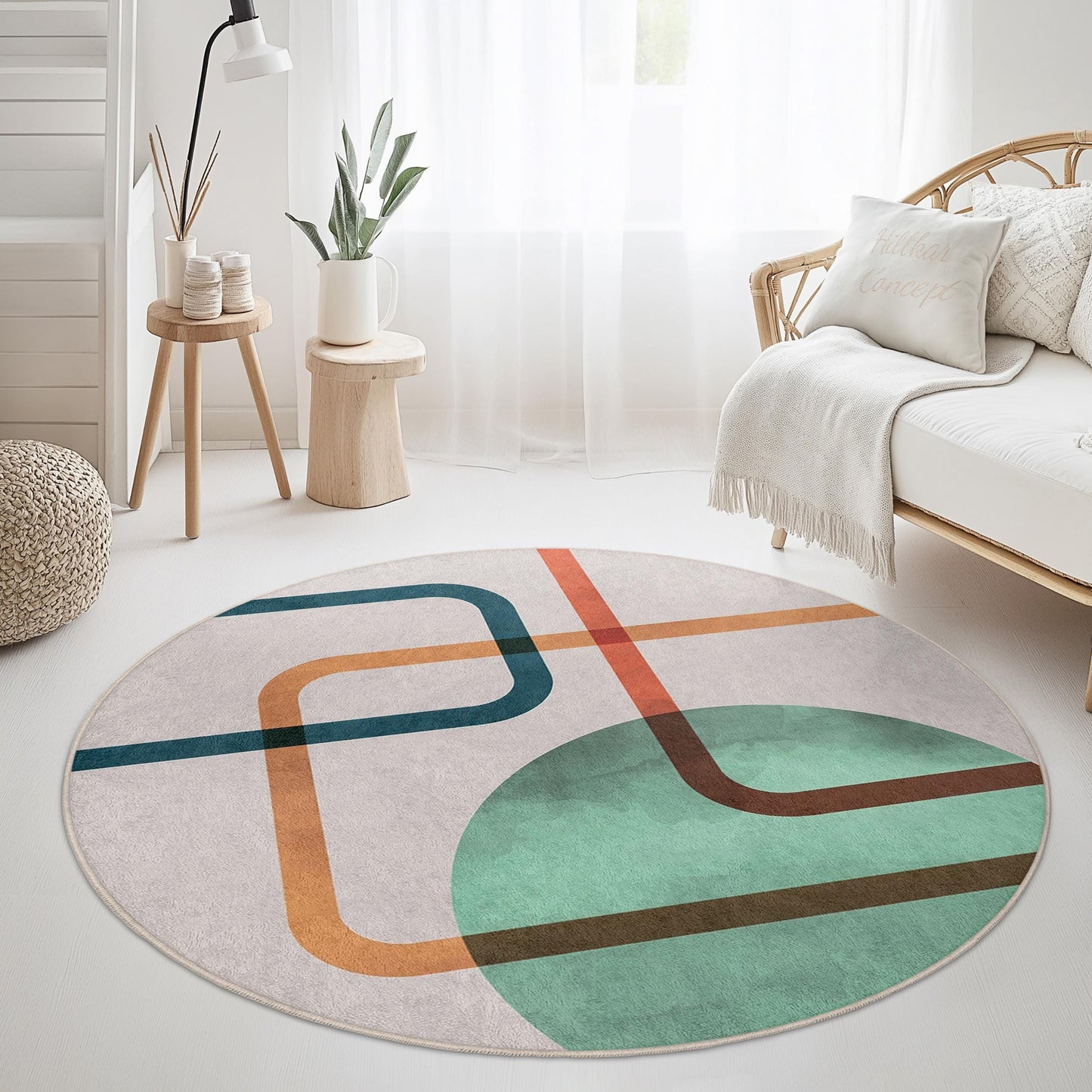 Abstract Geometric Round Area Rug | Modern Art Inspired Circular Carpet | Soft Cotton Non-Slip Mat for Living Room