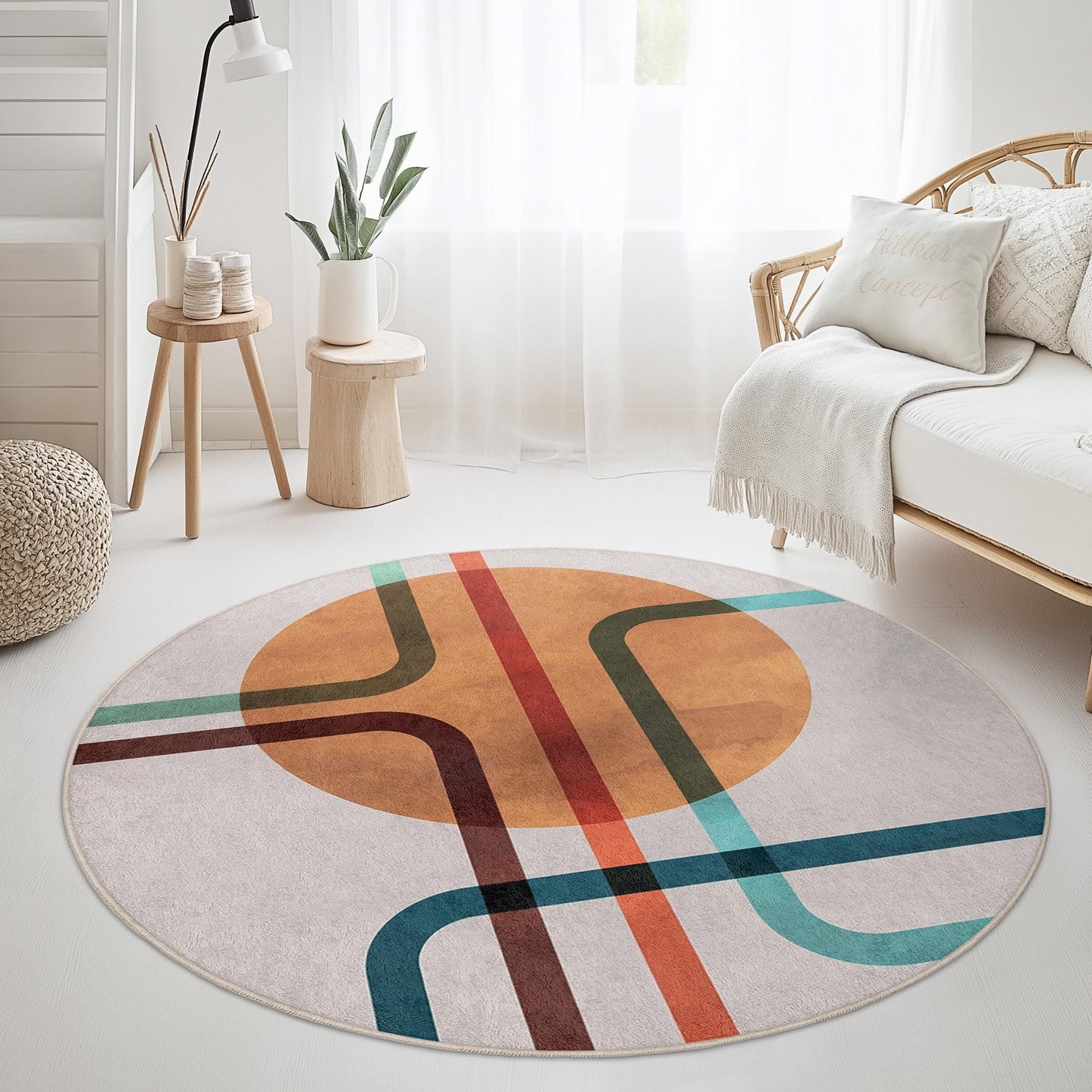 Geometrischer runder Teppich | Moderner abstrakter Teppich | Weiche Baumwollmatte fürs Wohnzimmer | Stilvolle Wohndekoration