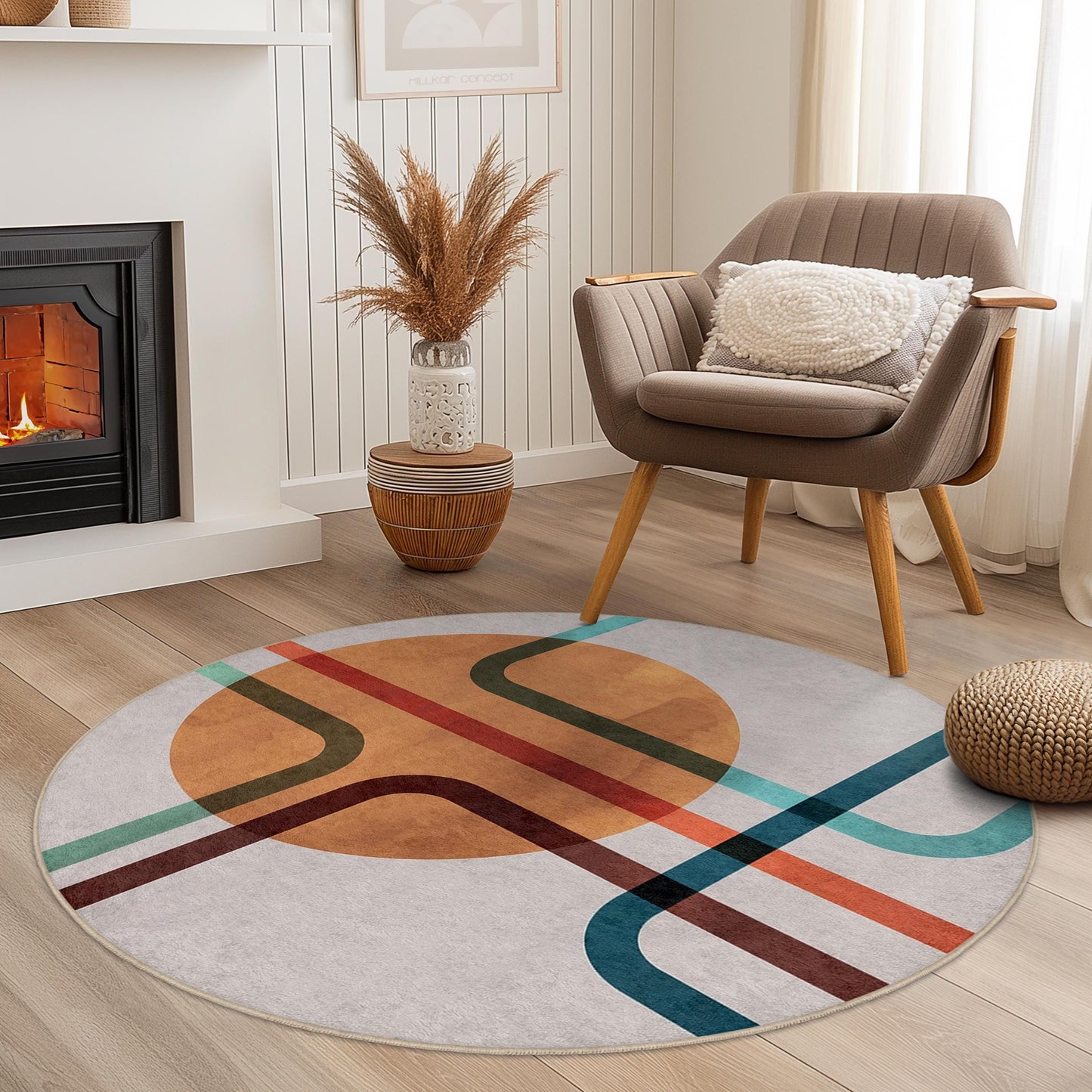 Geometrischer runder Teppich | Moderner abstrakter Teppich | Weiche Baumwollmatte fürs Wohnzimmer | Stilvolle Wohndekoration