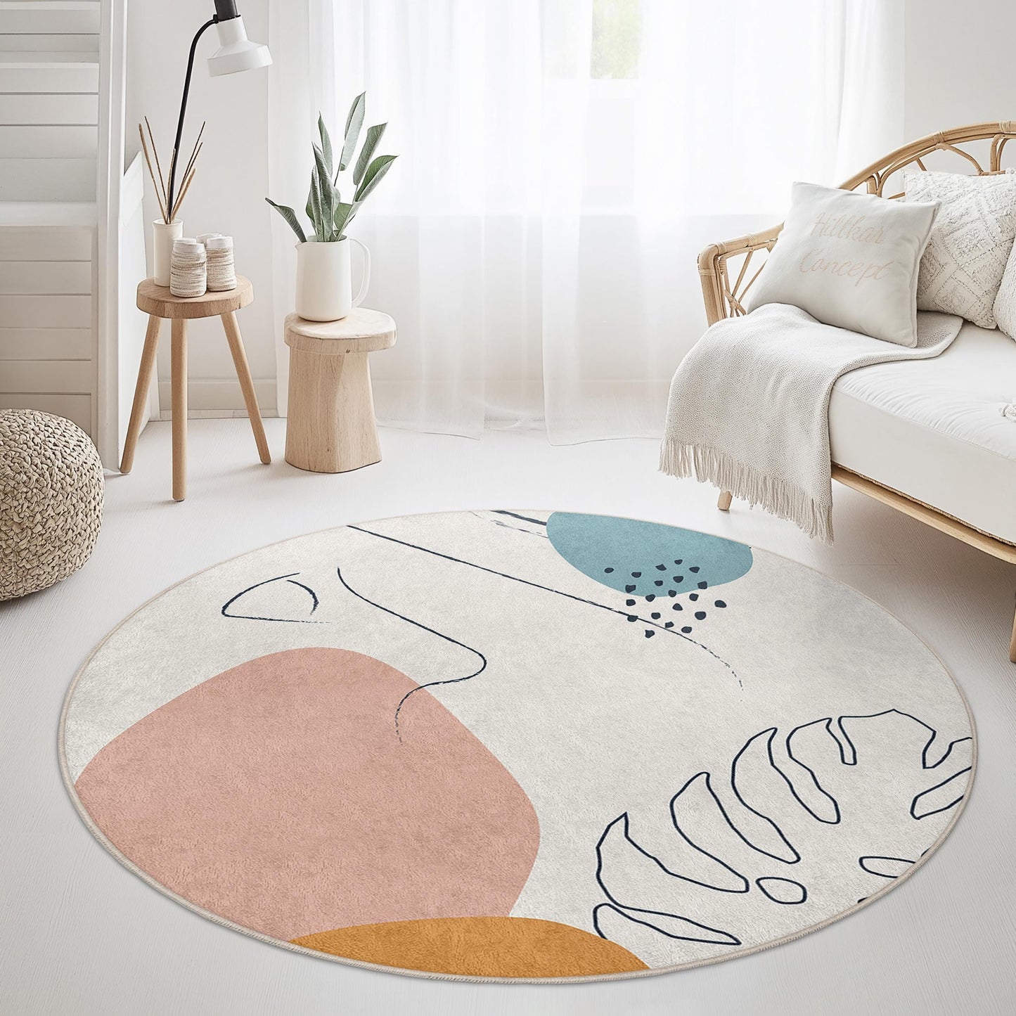 Abstrakter runder Teppich | Moderner Boho-Rundteppich | Weiche Baumwoll-Fußmatte | Stilvolle Wohnzimmerdekoration