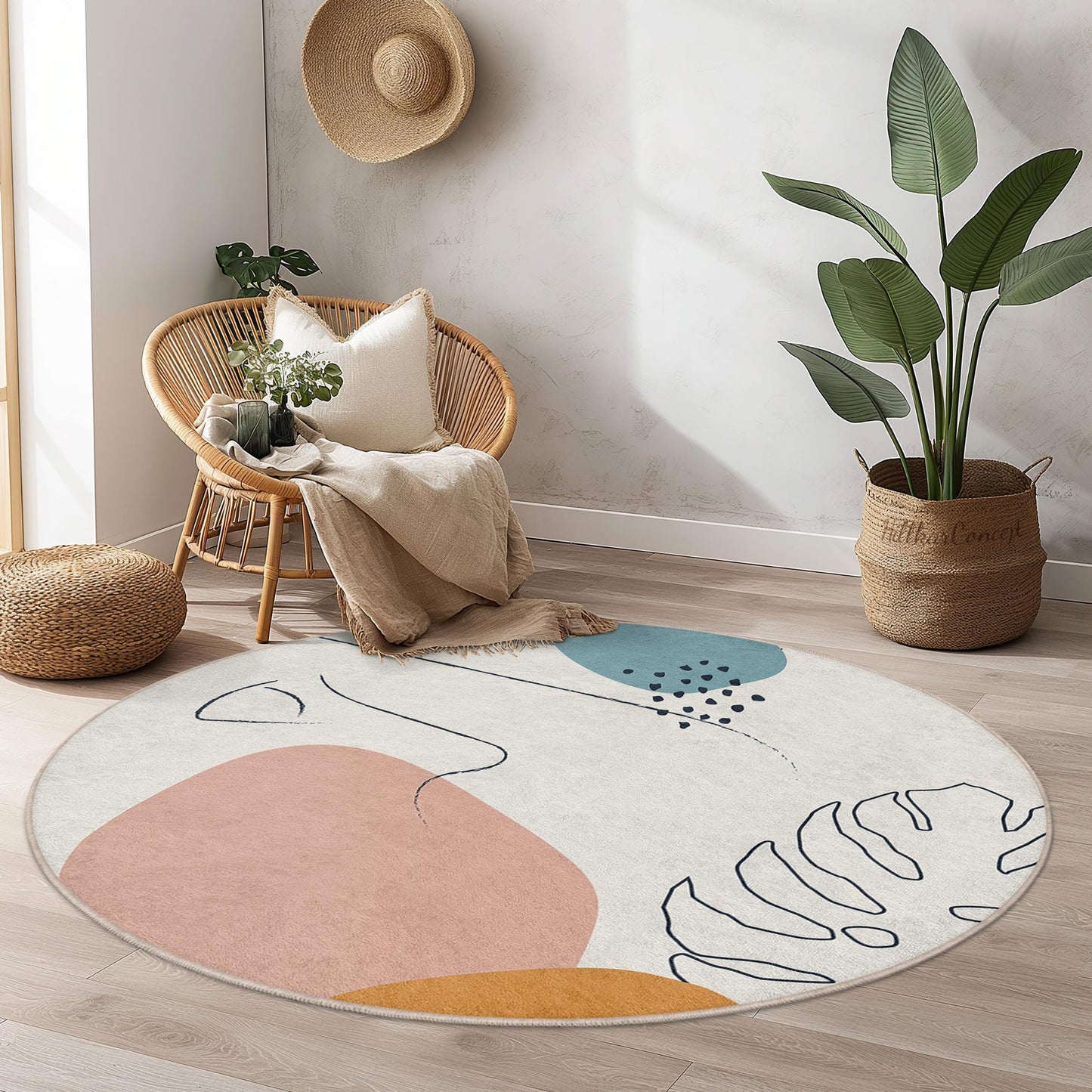 Abstrakter runder Teppich | Moderner Boho-Rundteppich | Weiche Baumwoll-Fußmatte | Stilvolle Wohnzimmerdekoration