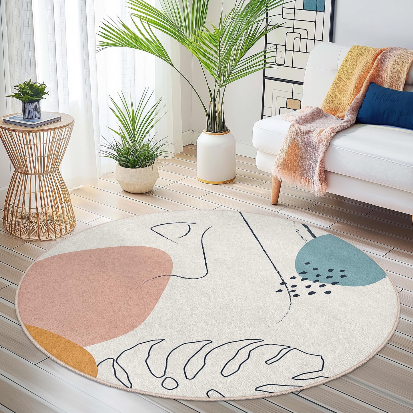 Abstrakter runder Teppich | Moderner Boho-Rundteppich | Weiche Baumwoll-Fußmatte | Stilvolle Wohnzimmerdekoration