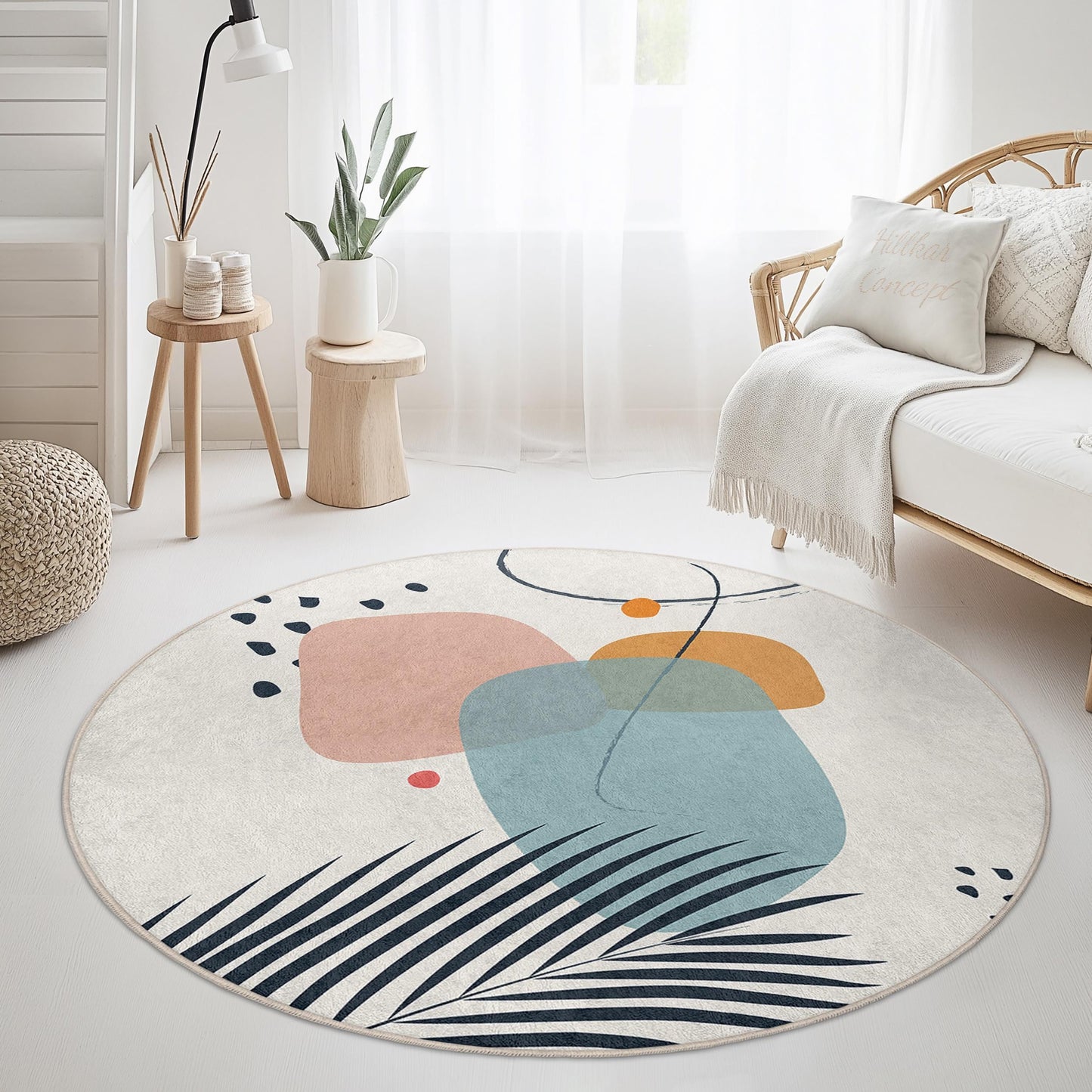Abstrakter, geometrischer, runder Teppich | Weiche Baumwollmatte fürs Wohnzimmer | Moderner Dekoteppich | Stilvolle Wohnaccessoires