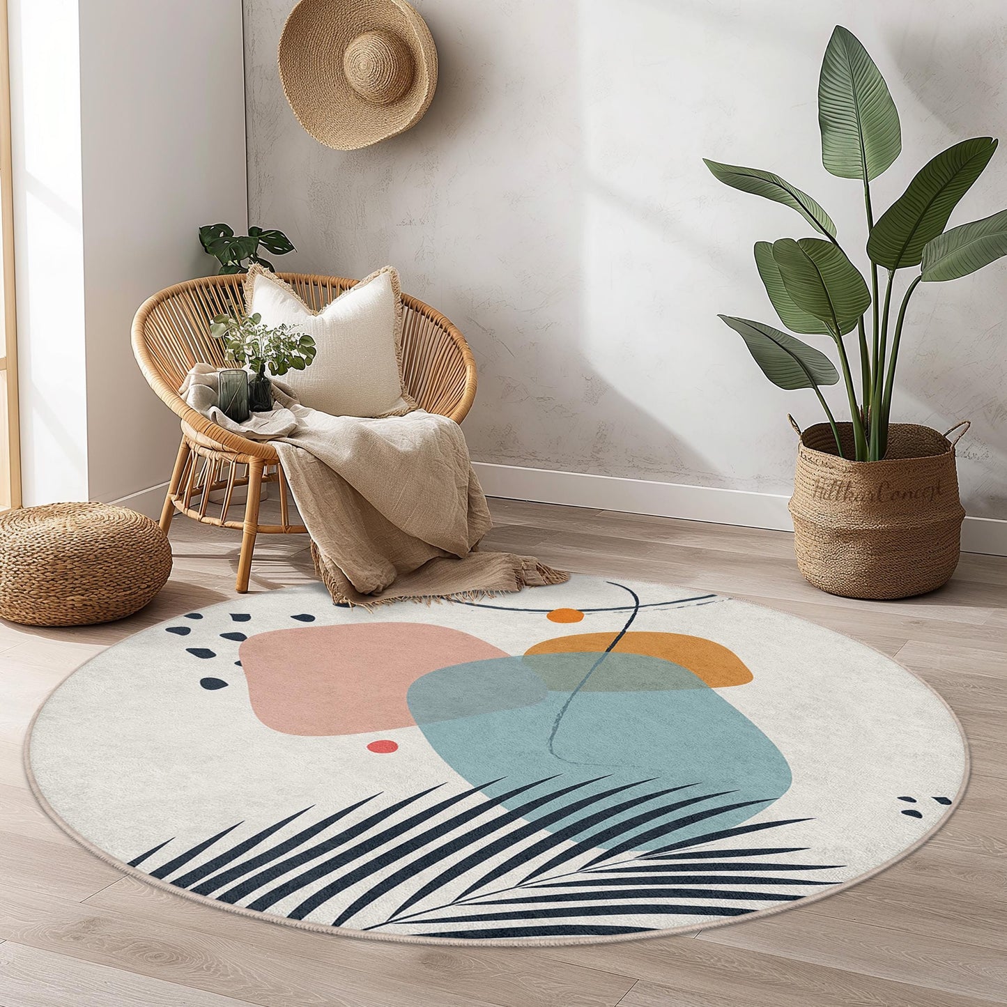 Abstrakter, geometrischer, runder Teppich | Weiche Baumwollmatte fürs Wohnzimmer | Moderner Dekoteppich | Stilvolle Wohnaccessoires