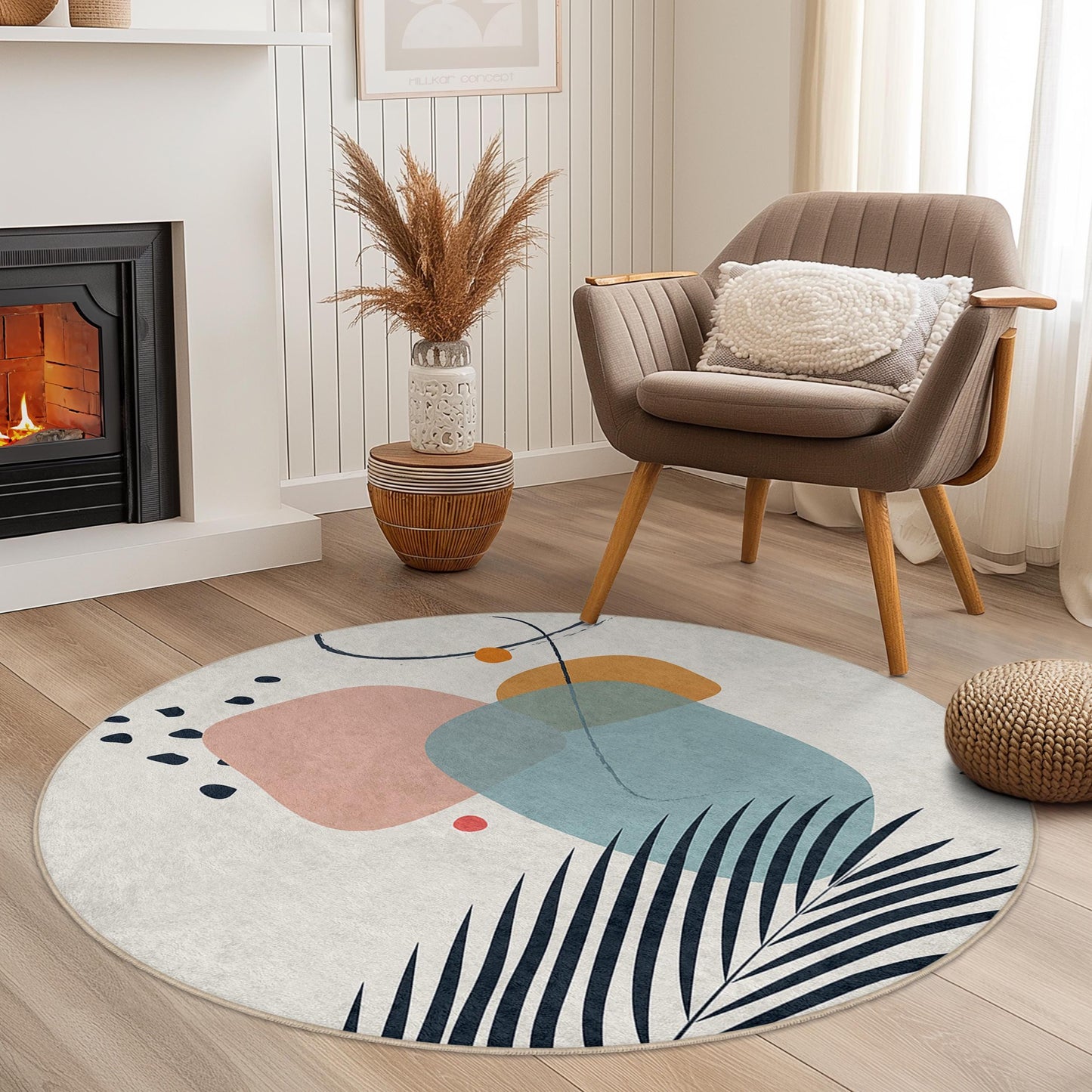 Abstrakter, geometrischer, runder Teppich | Weiche Baumwollmatte fürs Wohnzimmer | Moderner Dekoteppich | Stilvolle Wohnaccessoires