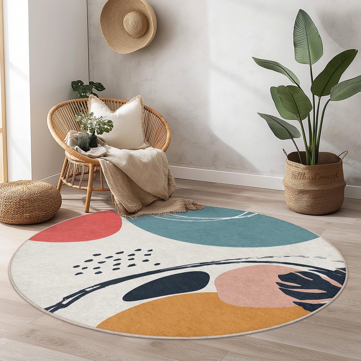 Abstrakter, geometrischer, runder Teppich | Moderner, künstlerischer Fußteppich | Weicher, runder Baumwollteppich für das Wohnzimmer