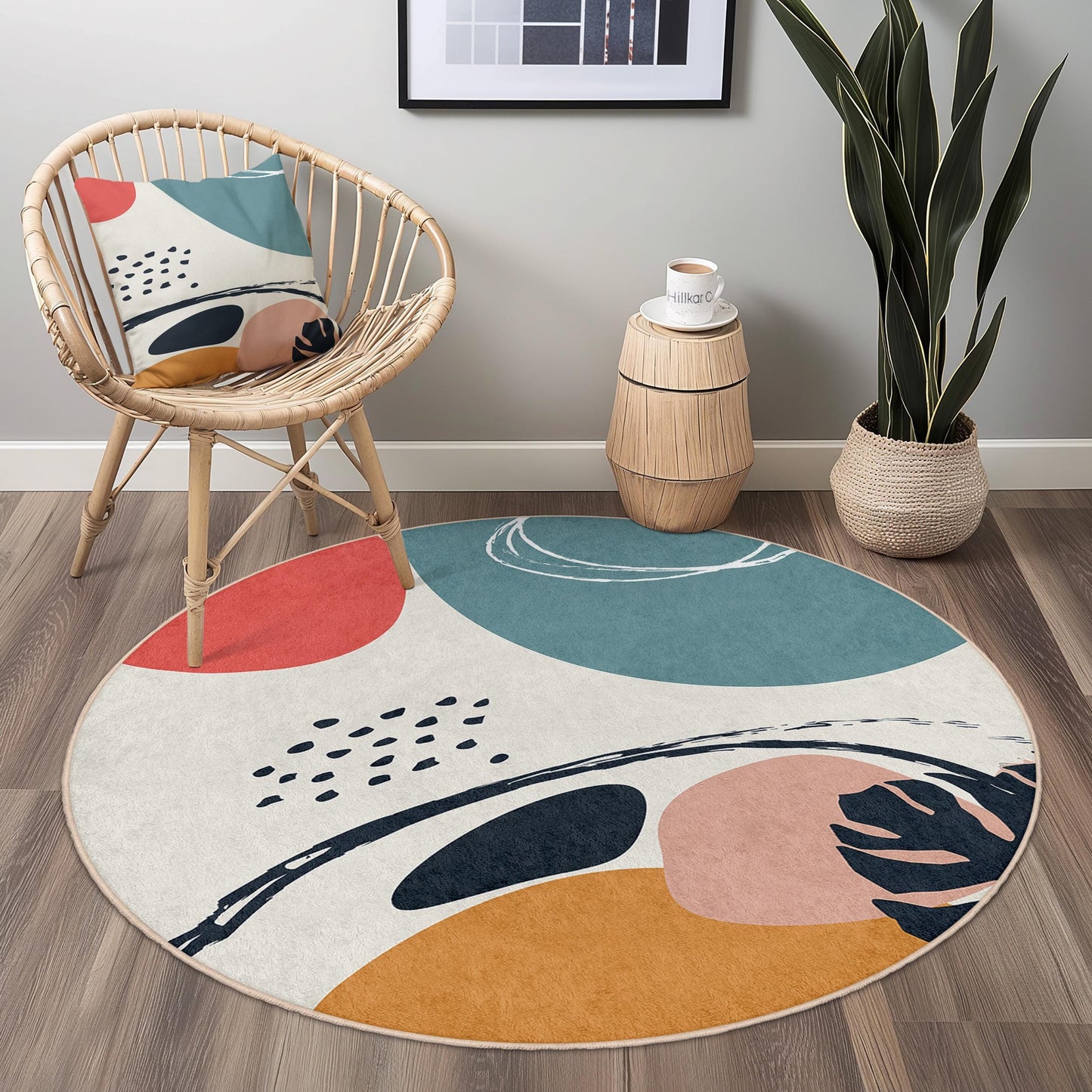 Abstrakter, geometrischer, runder Teppich | Moderner, künstlerischer Fußteppich | Weicher, runder Baumwollteppich für das Wohnzimmer