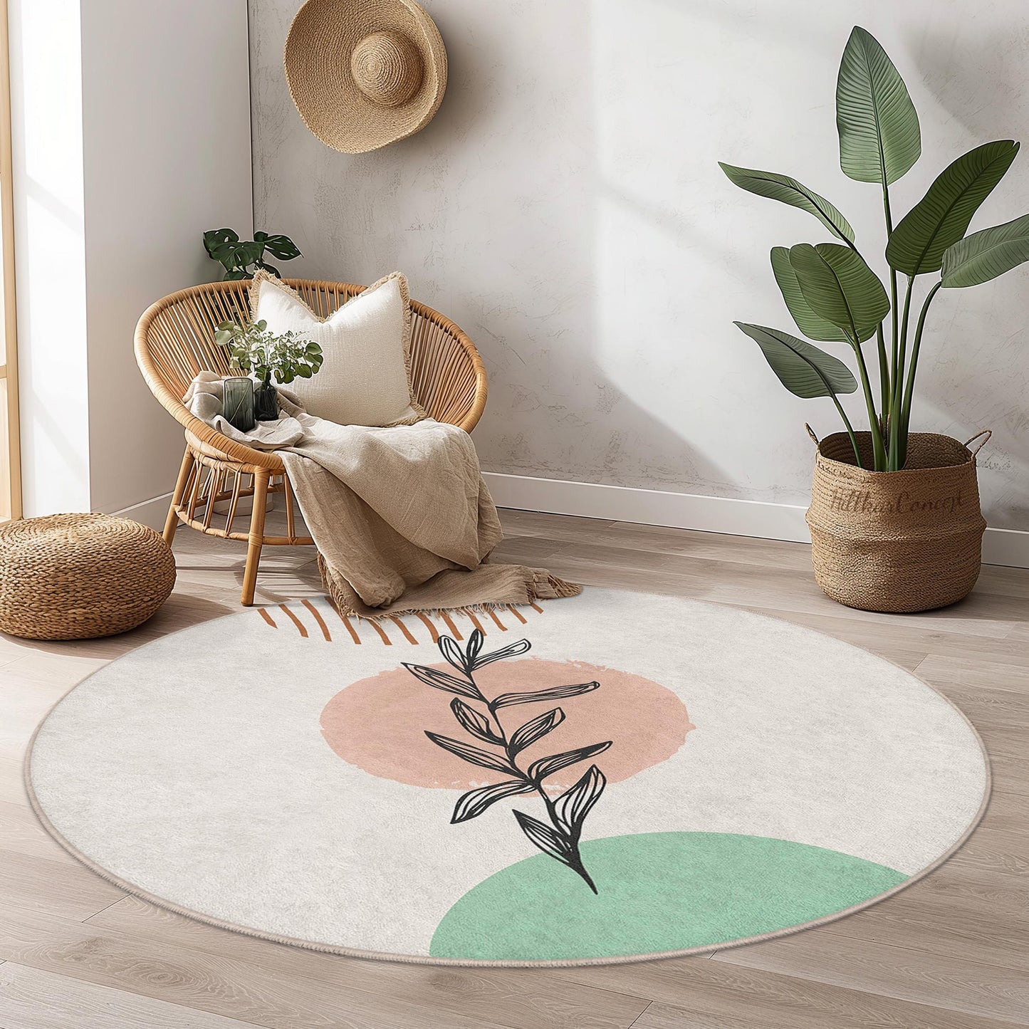 Abstrakter, runder Teppich mit botanischem Motiv | Modernes Design | Weicher, waschbarer Baumwollteppich fürs Wohnzimmer | Einzigartiges Wohnaccessoire