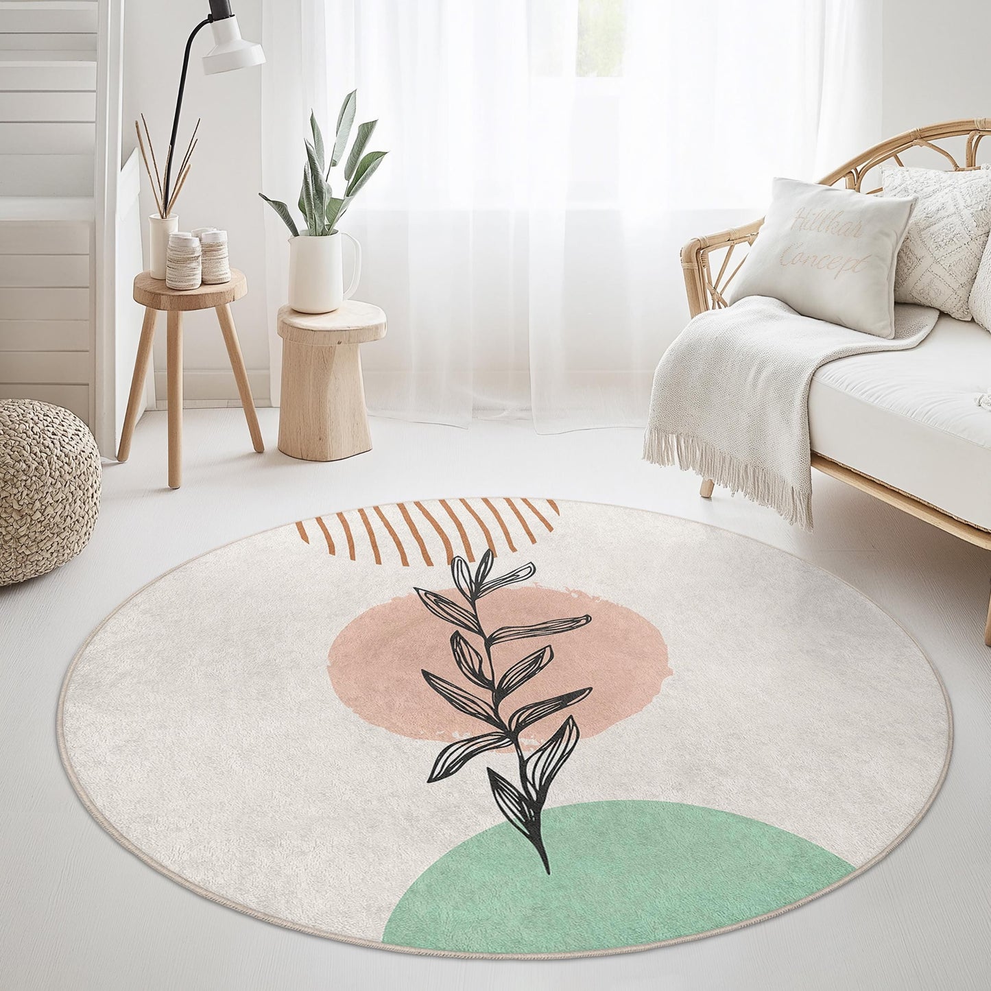 Abstrakter, runder Teppich mit botanischem Motiv | Modernes Design | Weicher, waschbarer Baumwollteppich fürs Wohnzimmer | Einzigartiges Wohnaccessoire