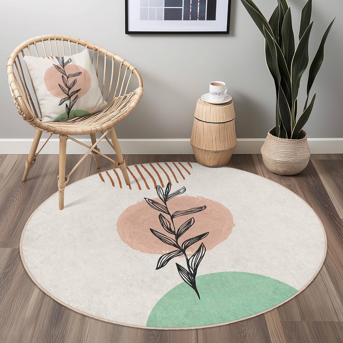 Abstrakter, runder Teppich mit botanischem Motiv | Modernes Design | Weicher, waschbarer Baumwollteppich fürs Wohnzimmer | Einzigartiges Wohnaccessoire