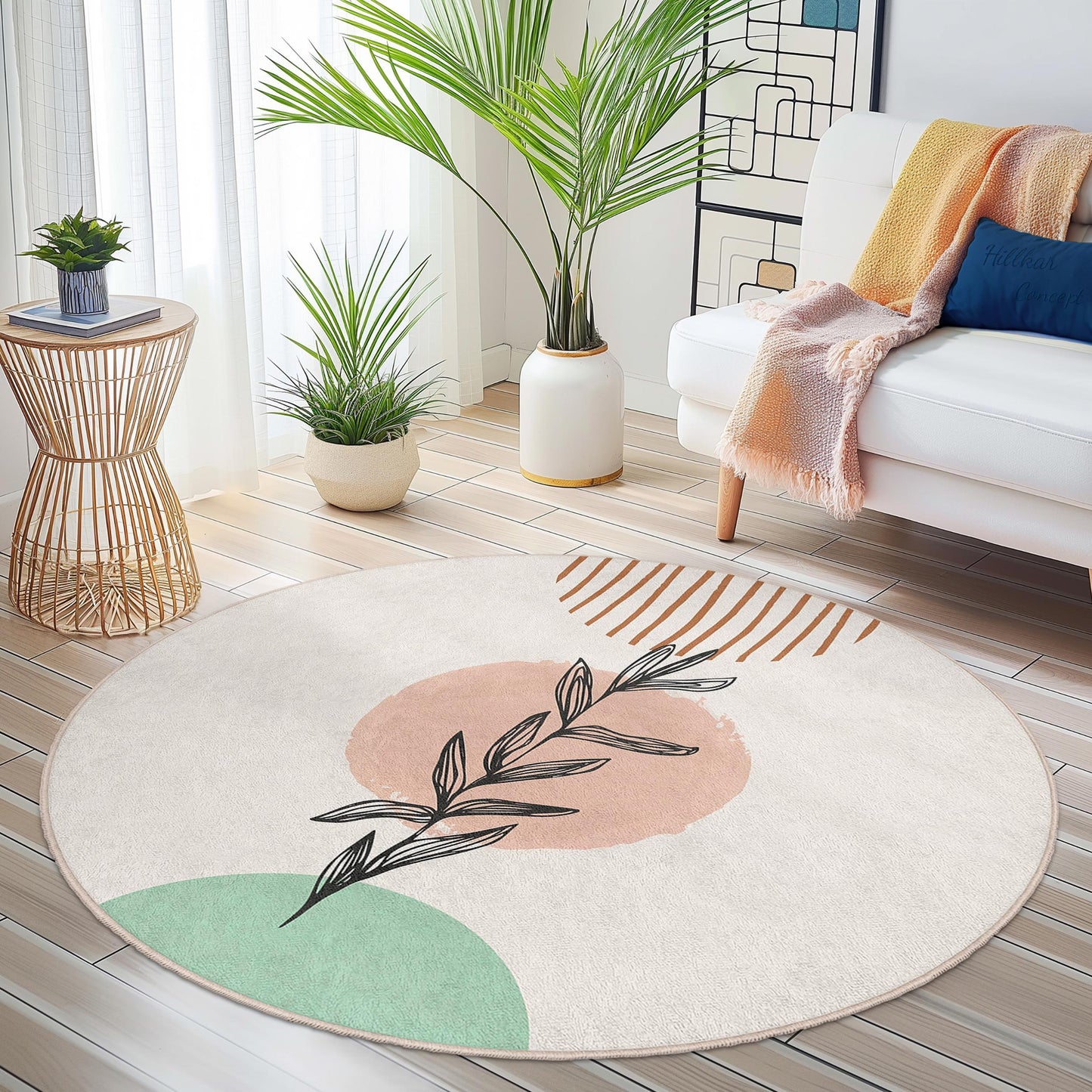 Abstrakter, runder Teppich mit botanischem Motiv | Modernes Design | Weicher, waschbarer Baumwollteppich fürs Wohnzimmer | Einzigartiges Wohnaccessoire