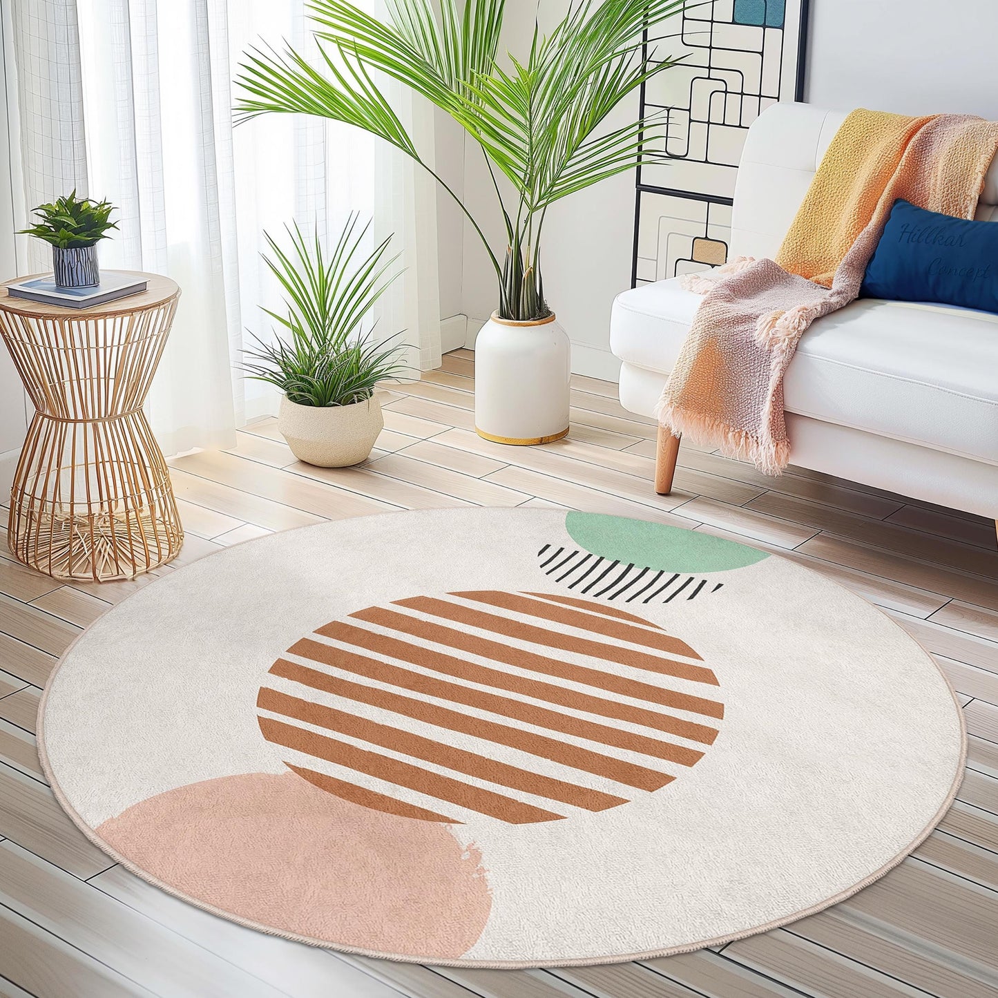 Abstrakter, geometrischer, runder Teppich | Moderner runder Teppich fürs Wohnzimmer | Weicher Baumwollteppich für Zuhause | Stilvolles Streifenmuster