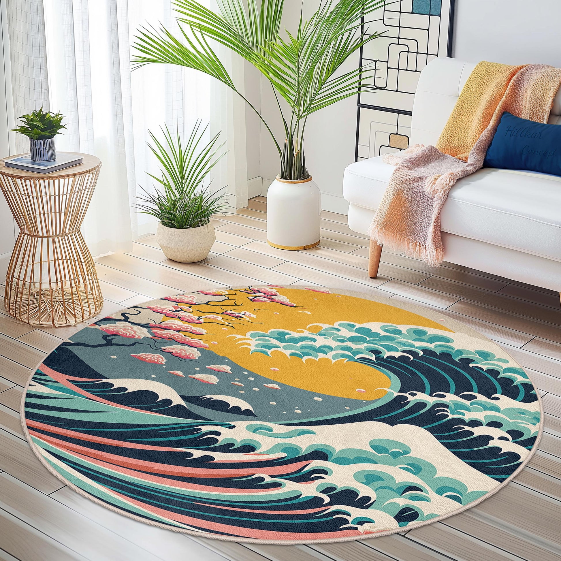 Waves and Cherry Blossoms Round Rug | Japanese Art Inspired Carpet | Coastal Home Decor | Soft Washable Area Rug