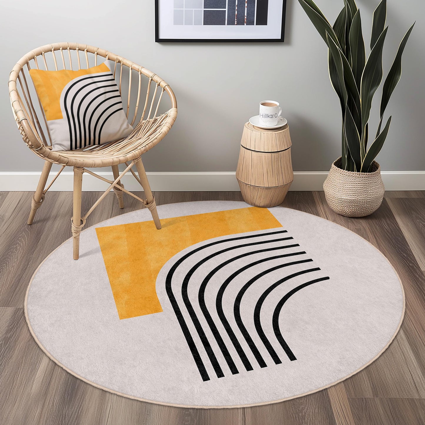 Moderner, abstrakter runder Teppich | Weicher Baumwollteppich fürs Wohnzimmer | Stilvolle Wohndekoration | Einzigartiges geometrisches Design