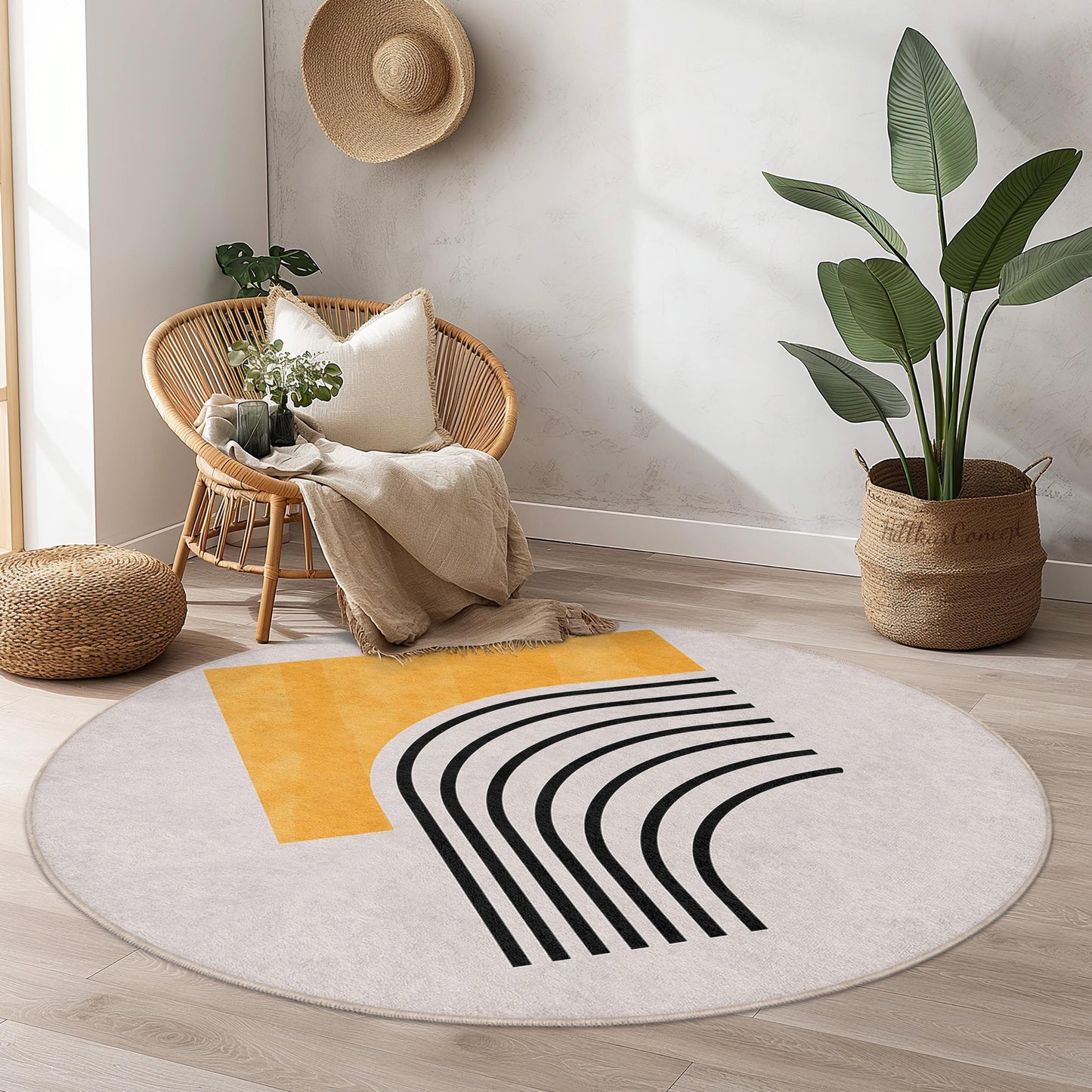 Moderner, abstrakter runder Teppich | Weicher Baumwollteppich fürs Wohnzimmer | Stilvolle Wohndekoration | Einzigartiges geometrisches Design