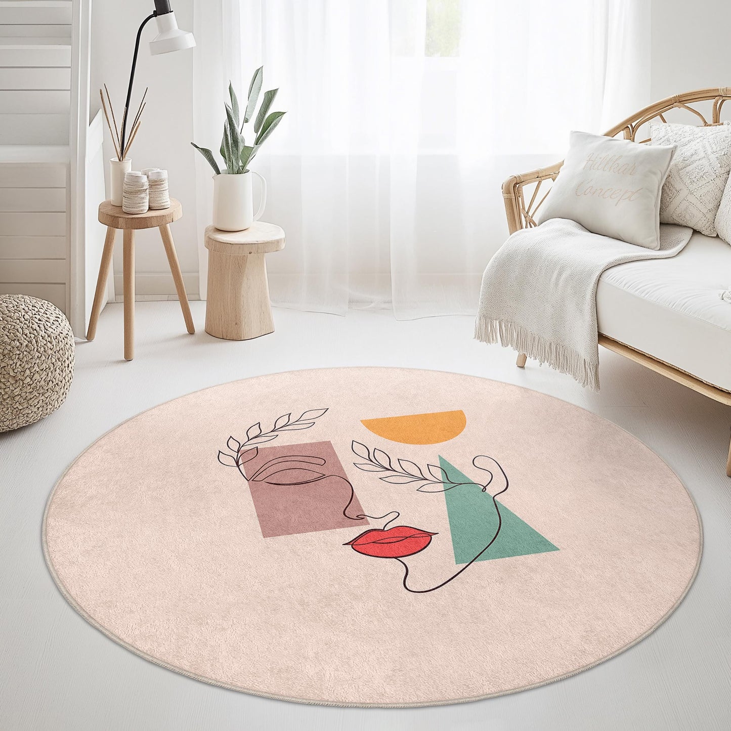 Runder Teppich mit abstraktem Linienmuster | Minimalistische Boho-Dekoration fürs Wohnzimmer | Stilvoller Teppich | Moderne Wohnaccessoires