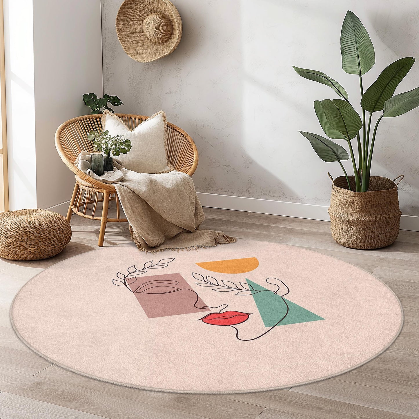 Runder Teppich mit abstraktem Linienmuster | Minimalistische Boho-Dekoration fürs Wohnzimmer | Stilvoller Teppich | Moderne Wohnaccessoires