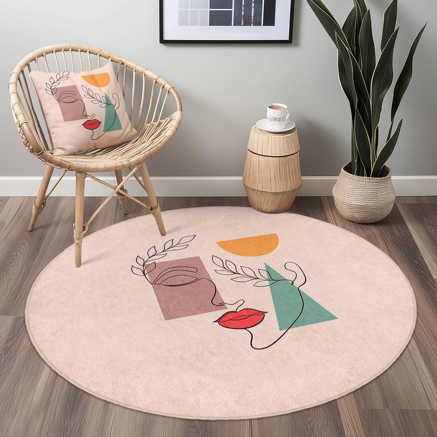 Runder Teppich mit abstraktem Linienmuster | Minimalistische Boho-Dekoration fürs Wohnzimmer | Stilvoller Teppich | Moderne Wohnaccessoires