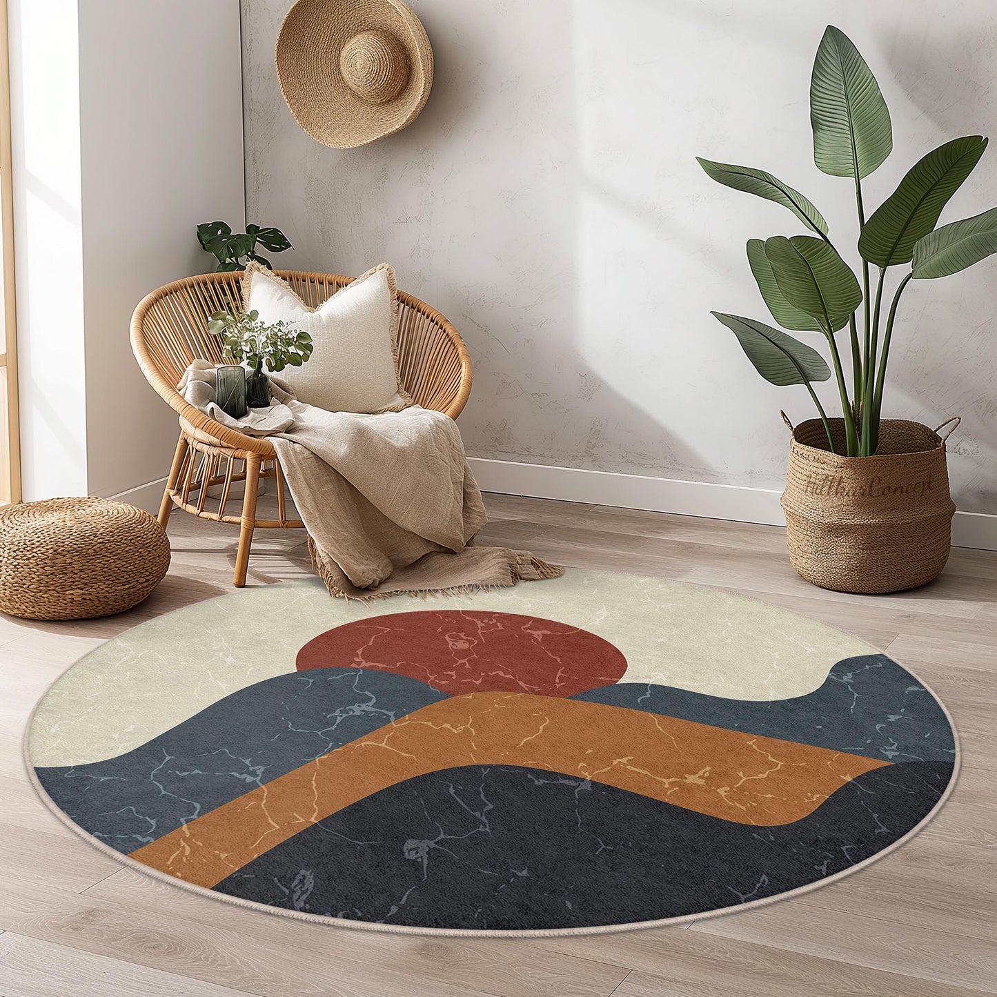 Abstrakter runder Teppich mit Bergmotiv | Modernes Wohnambiente im Bohème-Stil | Weicher Baumwollteppich | Stilvolle Wohnzimmermatte