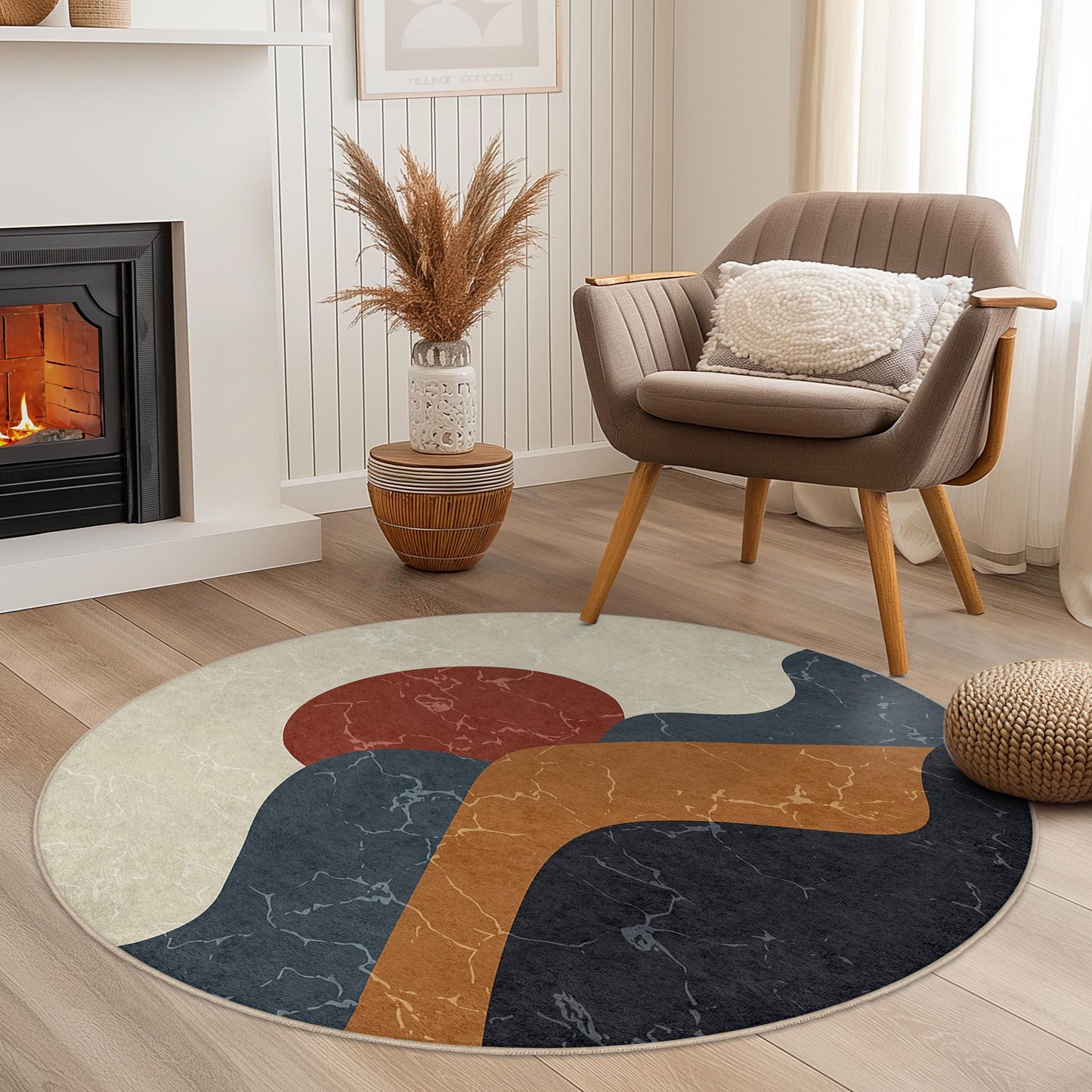 Abstrakter runder Teppich mit Bergmotiv | Modernes Wohnambiente im Bohème-Stil | Weicher Baumwollteppich | Stilvolle Wohnzimmermatte
