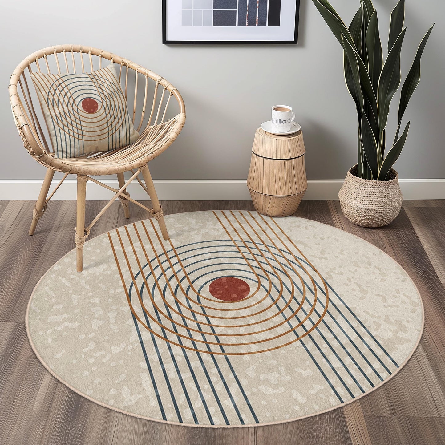 Waschbarer runder Teppich mit geometrischem Kreismuster | Moderne Wohndekoration | Weicher Teppich fürs Wohnzimmer | Stilvoller Boho-Teppich