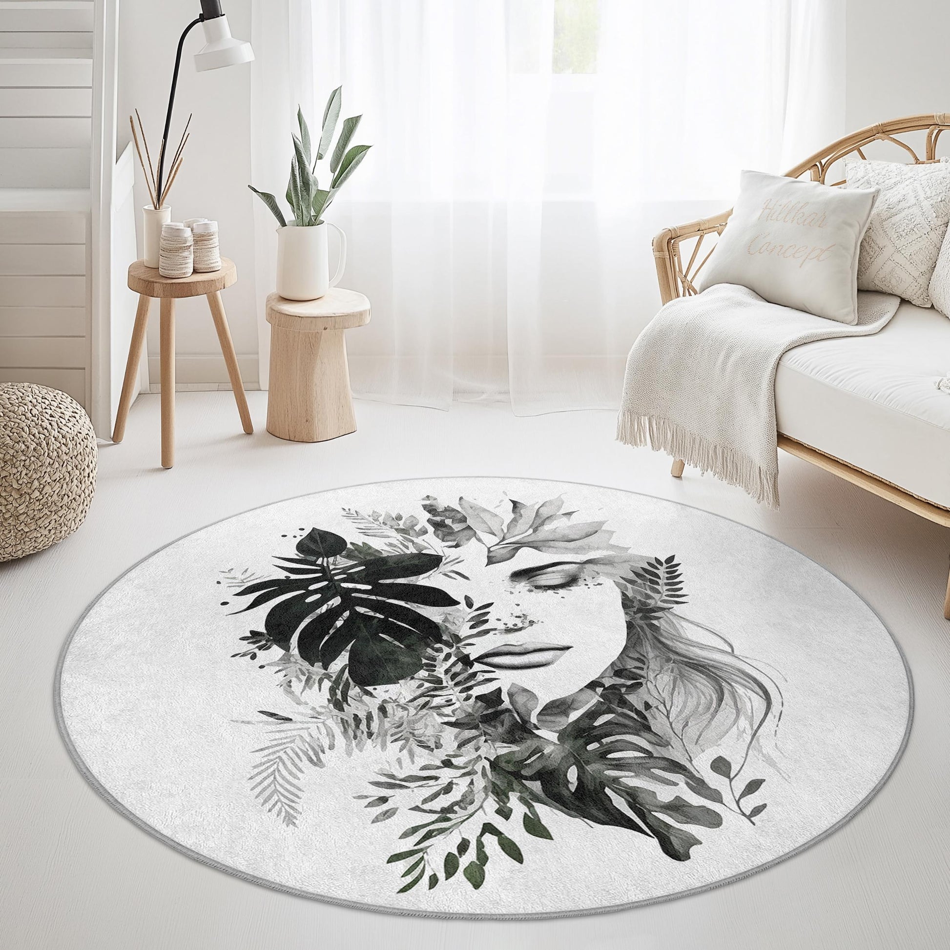 Floral Face Design Round Washable Area Rug | Botanical Art Carpet | Stylish Home Decor | Unique Round Floor Mat
