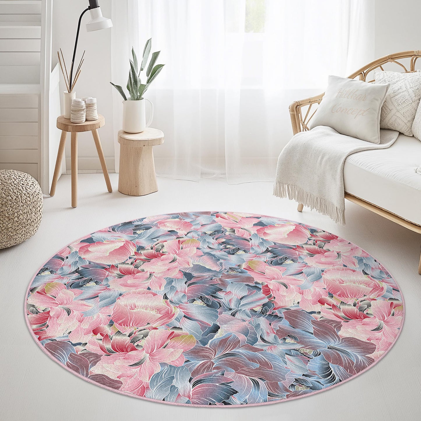 Runder Teppich mit Blumenmuster | Weicher Baumwollteppich fürs Wohnzimmer | Elegante Matte mit Blumendekor | Waschbar und rutschfest