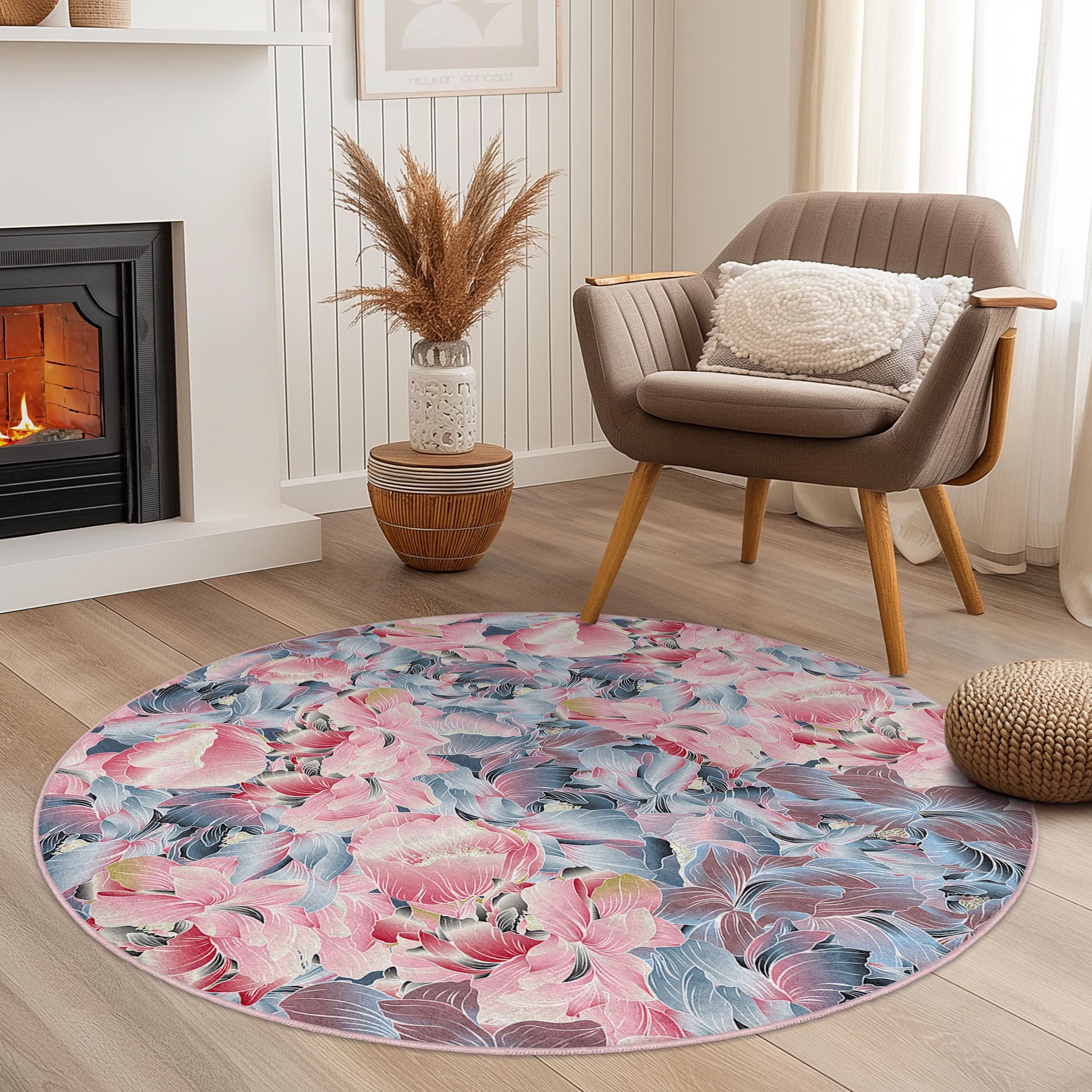 Floral Round Area Rug | Soft Cotton Carpet for Living Room | Elegant Flower Design Mat | Washable and Non-Slip Home Decor