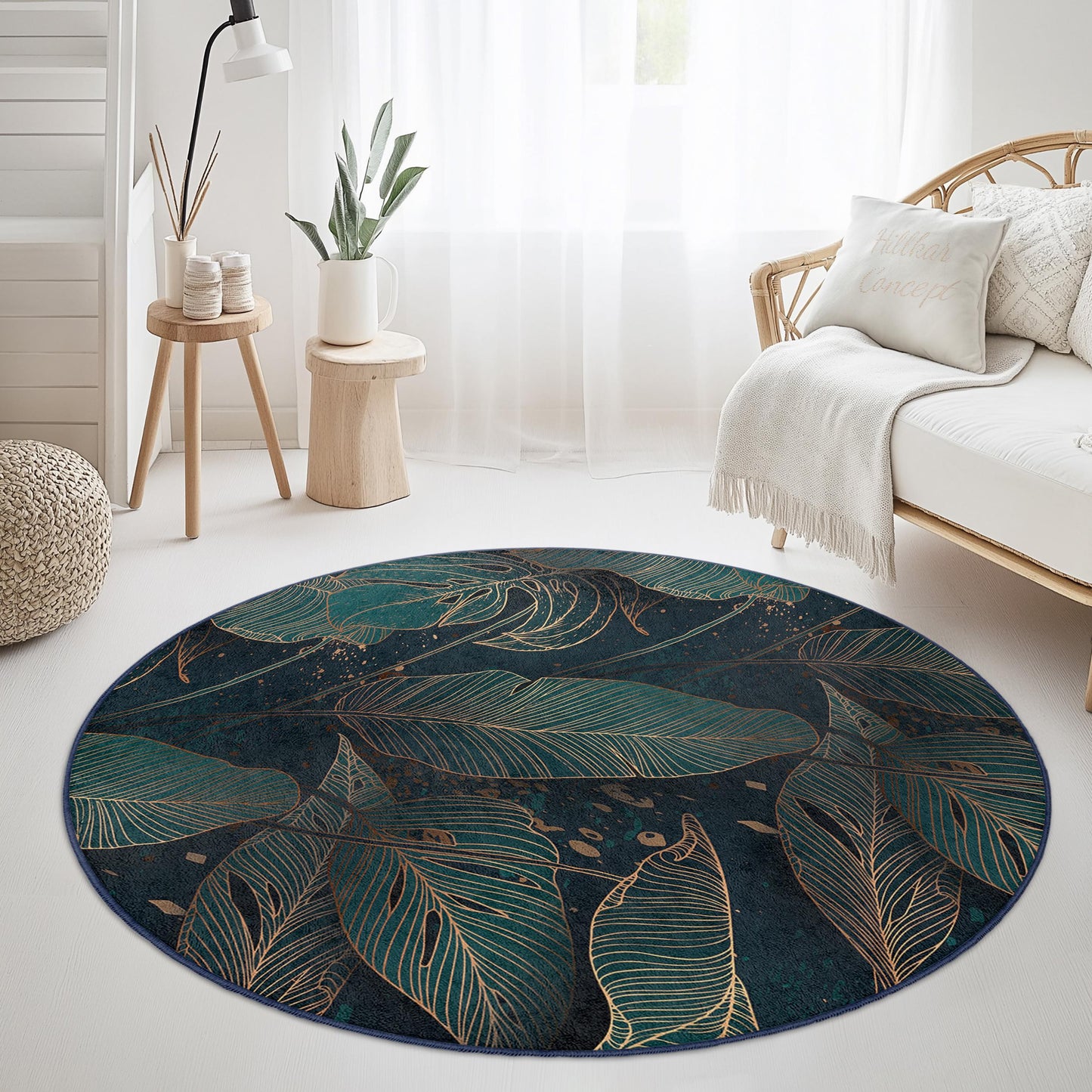 Eleganter runder Teppich mit Blättermuster | Tropisches Grün-Gold-Dekor | Weiche Baumwollmatte fürs Wohnzimmer | Stilvoller Heimteppich