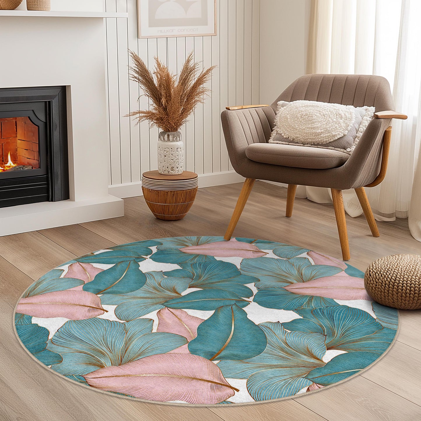Runder Teppich mit floralem Muster | Teppich mit tropischem Blättermuster | Weiche Baumwollmatte fürs Wohnzimmer | Stilvolles Wohnaccessoire