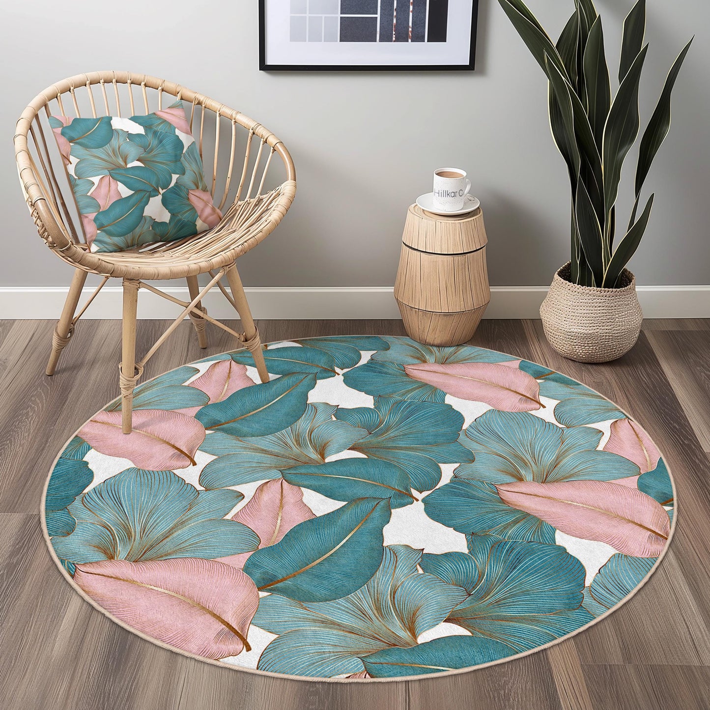 Runder Teppich mit floralem Muster | Teppich mit tropischem Blättermuster | Weiche Baumwollmatte fürs Wohnzimmer | Stilvolles Wohnaccessoire