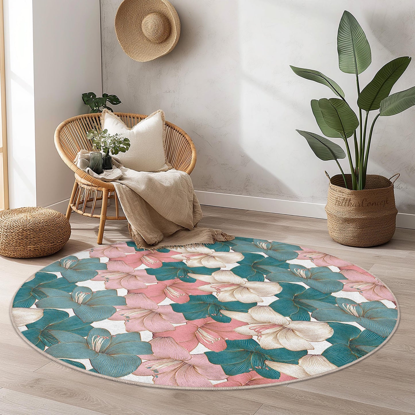 Runder Teppich mit Blumenmuster | Eleganter Teppich mit Blumendruck | Weiche Baumwollmatte mit Blumenmuster für Wohn- und Schlafzimmer