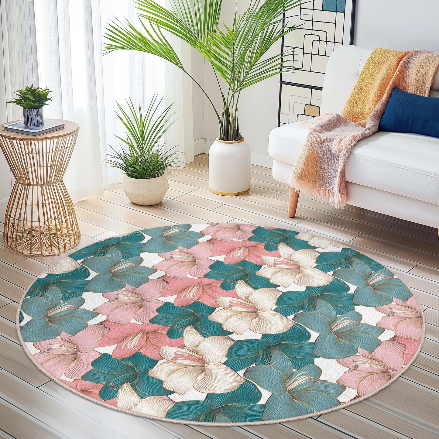Runder Teppich mit Blumenmuster | Eleganter Teppich mit Blumendruck | Weiche Baumwollmatte mit Blumenmuster für Wohn- und Schlafzimmer