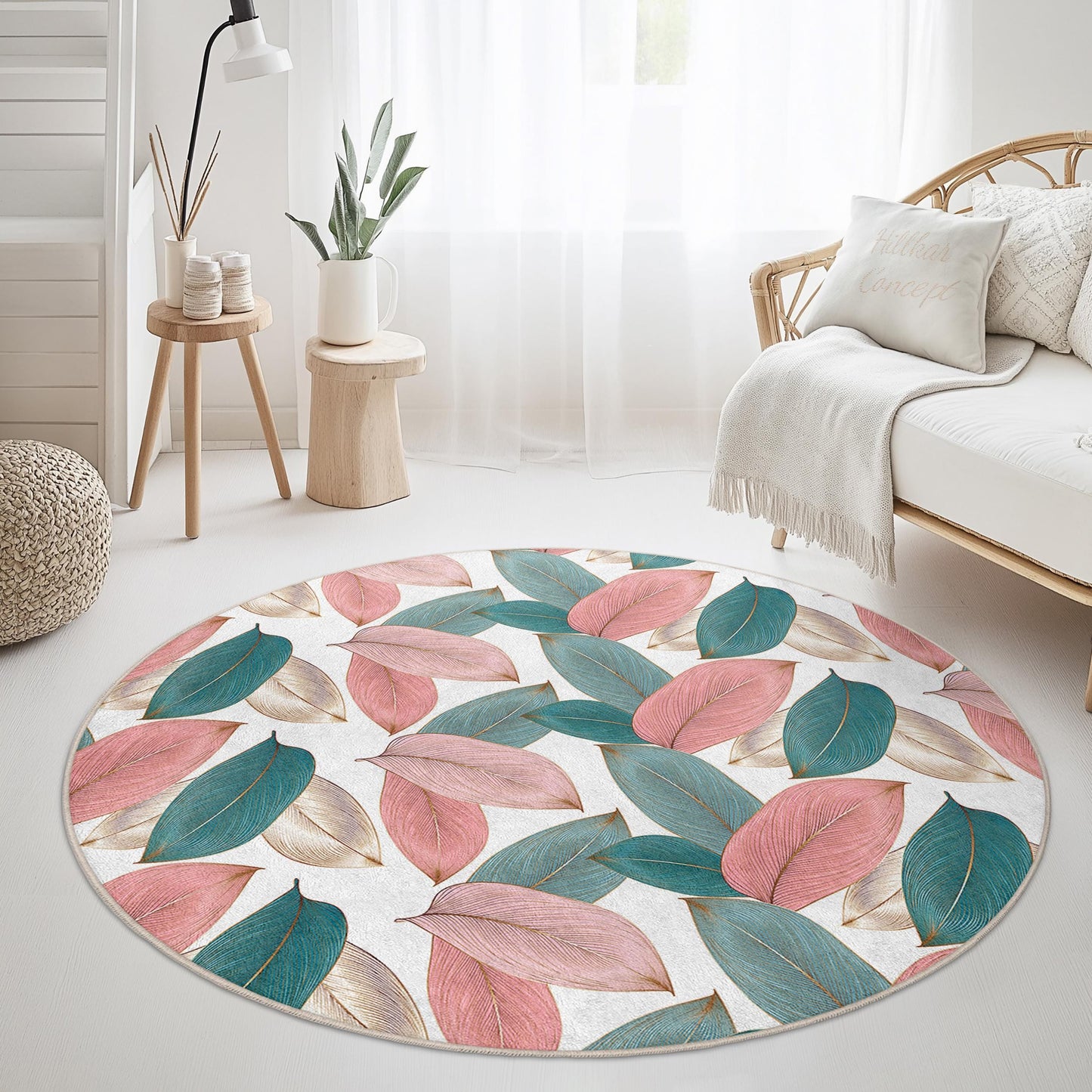 Eleganter runder Teppich mit Blättermuster | Weicher Baumwollteppich mit Blumenmuster | Wohnaccessoire im Bohème-Stil | Stilvolle runde Matte fürs Wohnzimmer