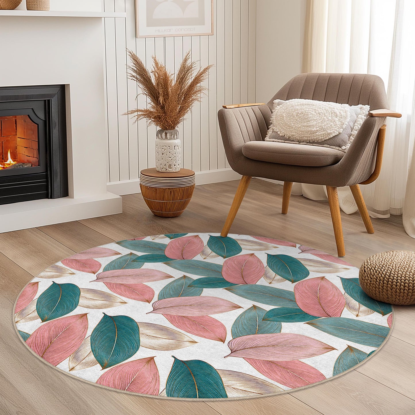 Eleganter runder Teppich mit Blättermuster | Weicher Baumwollteppich mit Blumenmuster | Wohnaccessoire im Bohème-Stil | Stilvolle runde Matte fürs Wohnzimmer