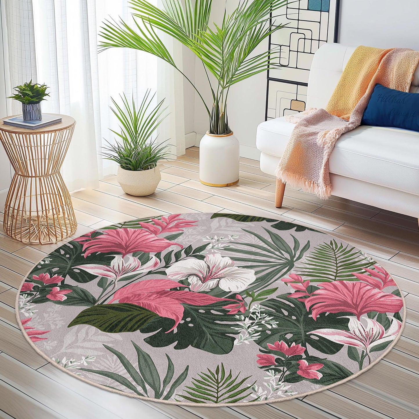 Tropical Floral Round Area Rug | Soft Cotton Home Decor | Non-Slip Indoor Mat | Vibrant Botanical Carpet for Living Room