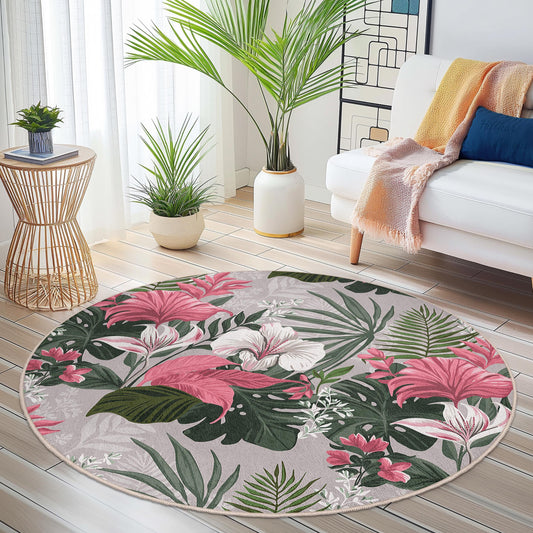 Tropical Floral Round Area Rug | Soft Cotton Home Decor | Non-Slip Indoor Mat | Vibrant Botanical Carpet for Living Room