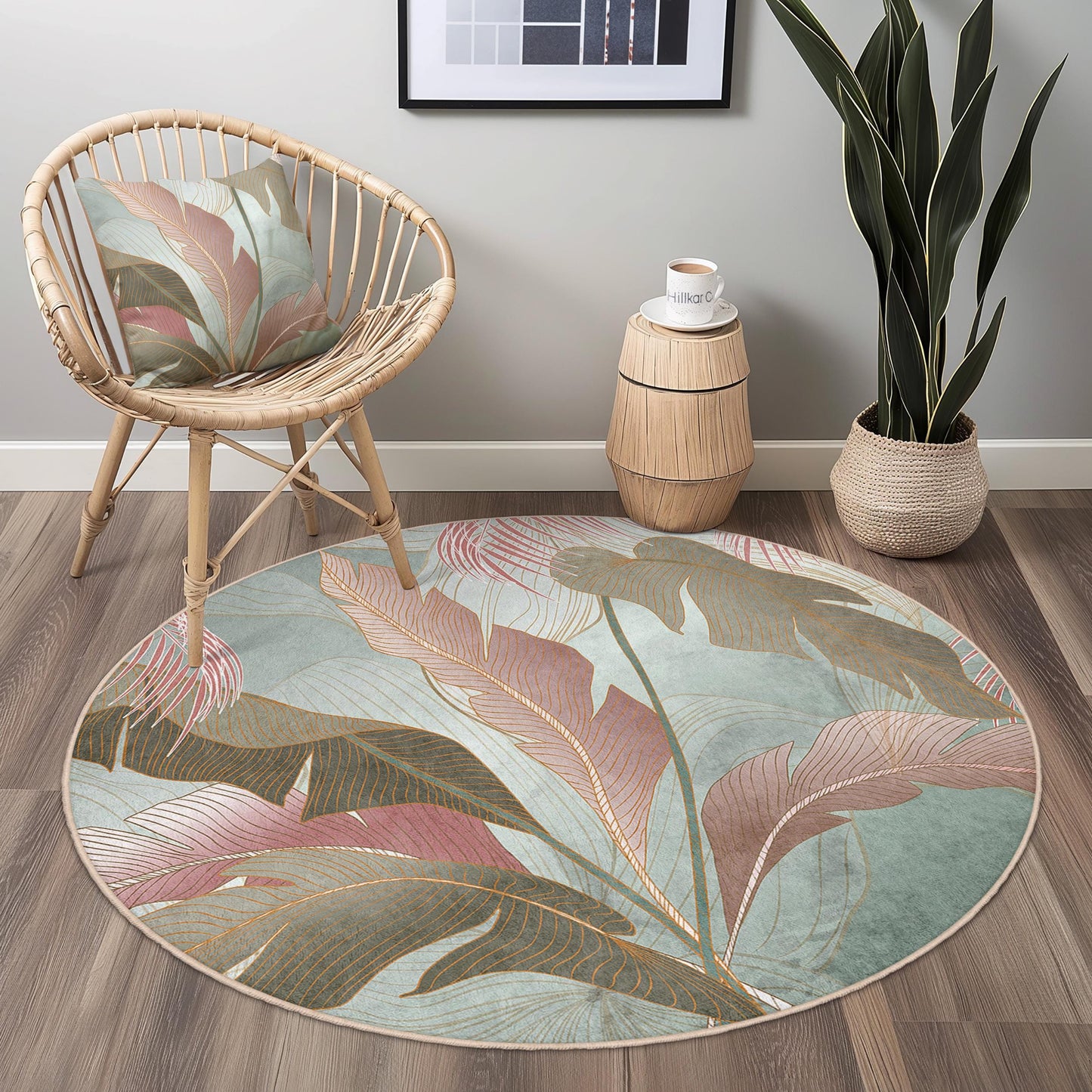 Eleganter runder Teppich mit Blattmuster | Weicher Baumwollteppich | Stilvolle Wohndekoration | Runde Matte mit botanischem Motiv