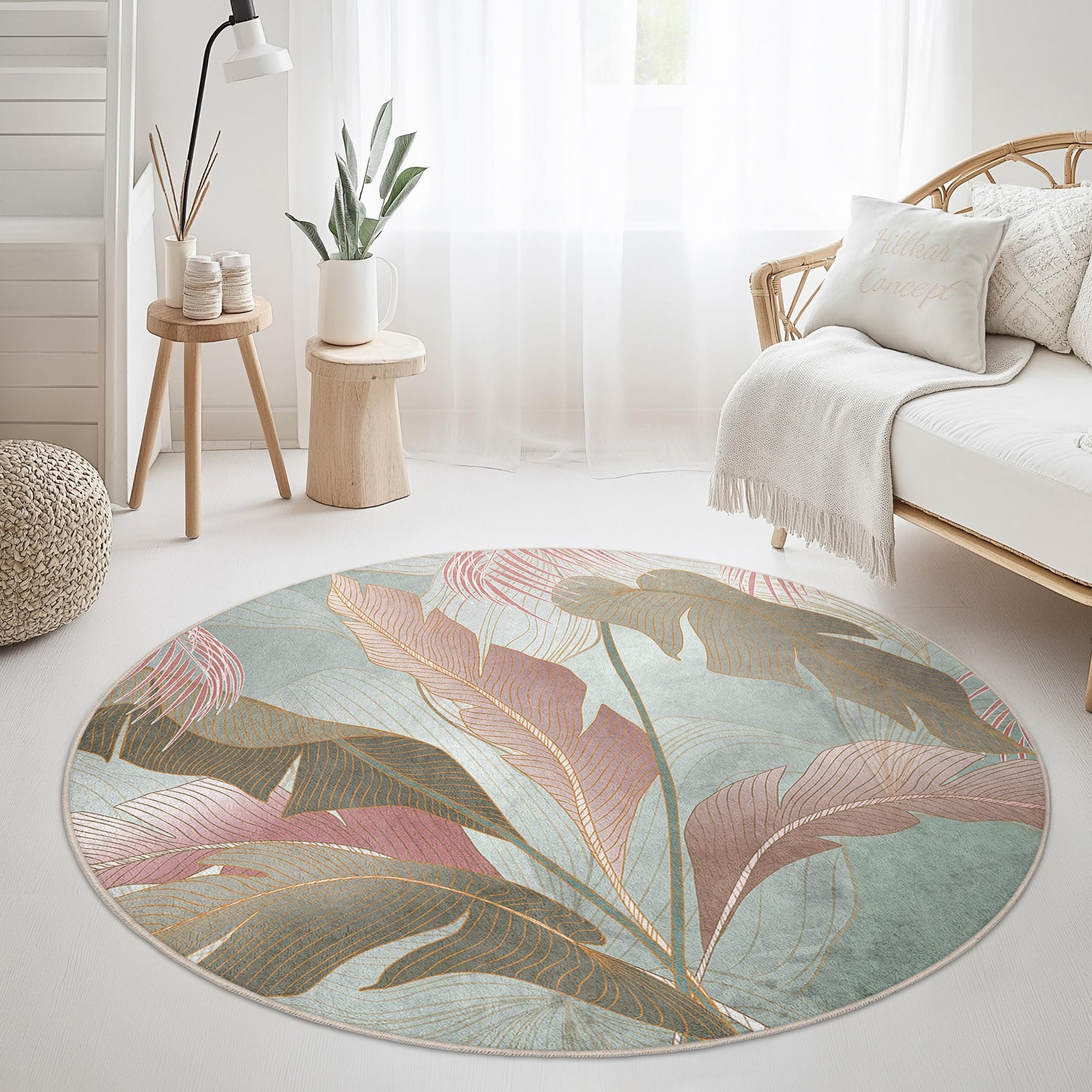 Elegant Round Leaf Pattern Rug | Soft Cotton Area Carpet | Stylish Home Decor | Botanical Themed Round Mat