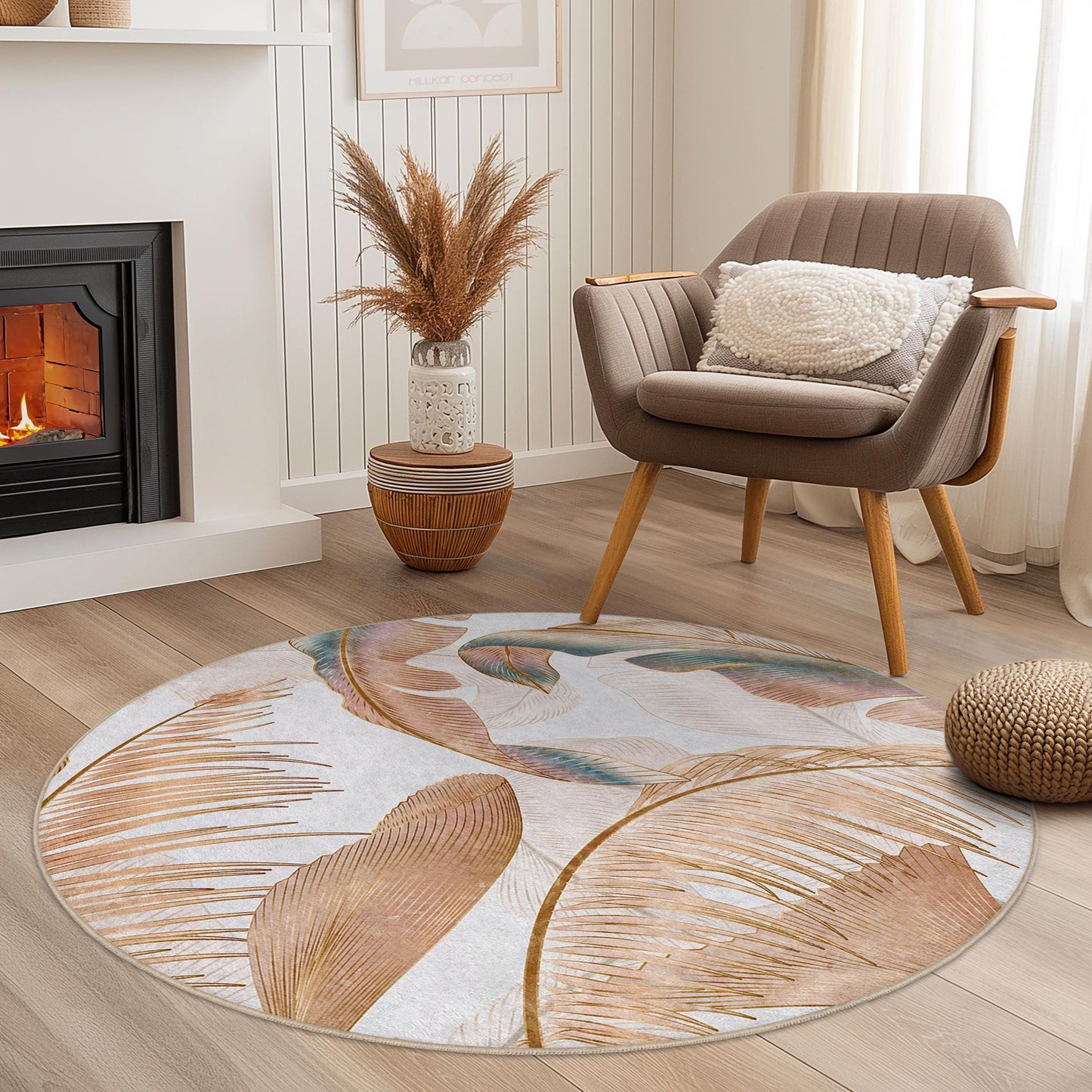Eleganter runder Teppich mit tropischem Blättermuster | Weiche Baumwollmatte | Stilvolle Boho-Wohndekoration | Waschbarer runder Teppich für den Innenbereich