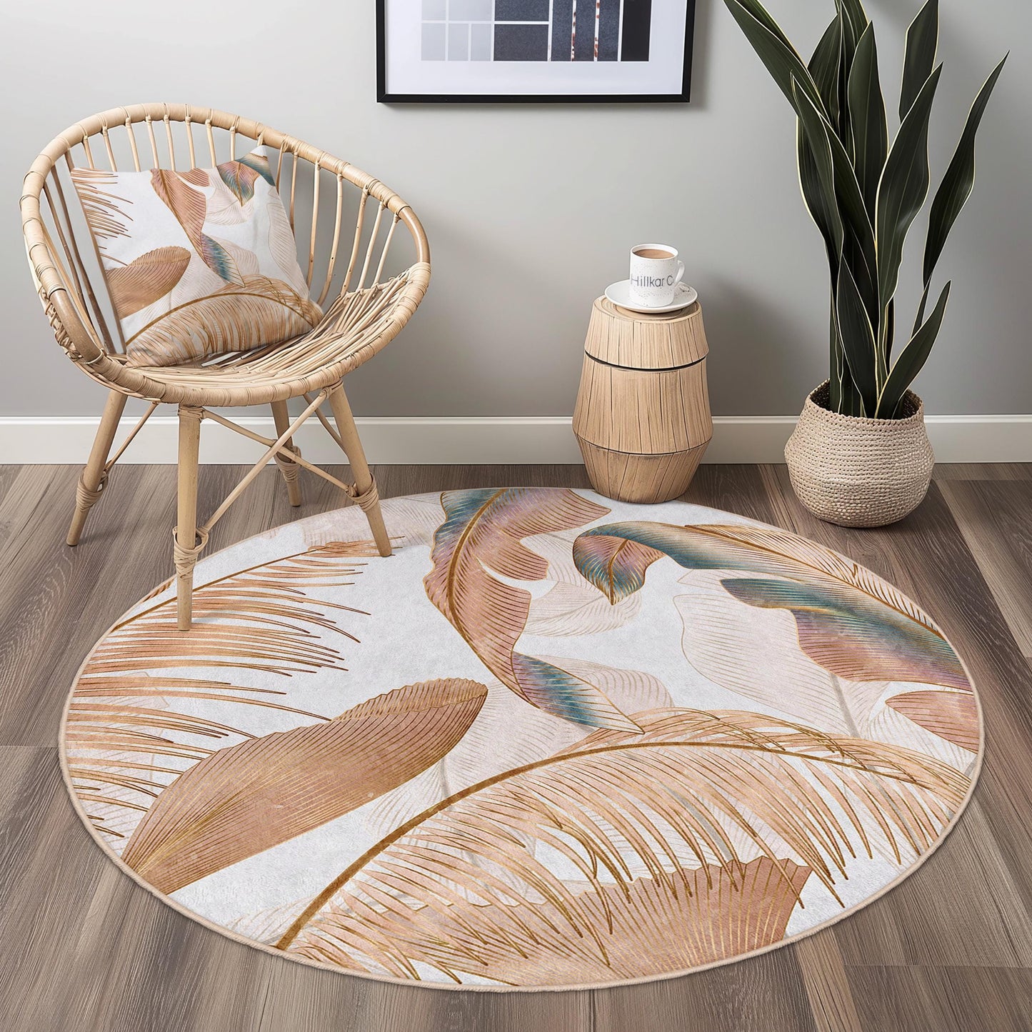 Eleganter runder Teppich mit tropischem Blättermuster | Weiche Baumwollmatte | Stilvolle Boho-Wohndekoration | Waschbarer runder Teppich für den Innenbereich