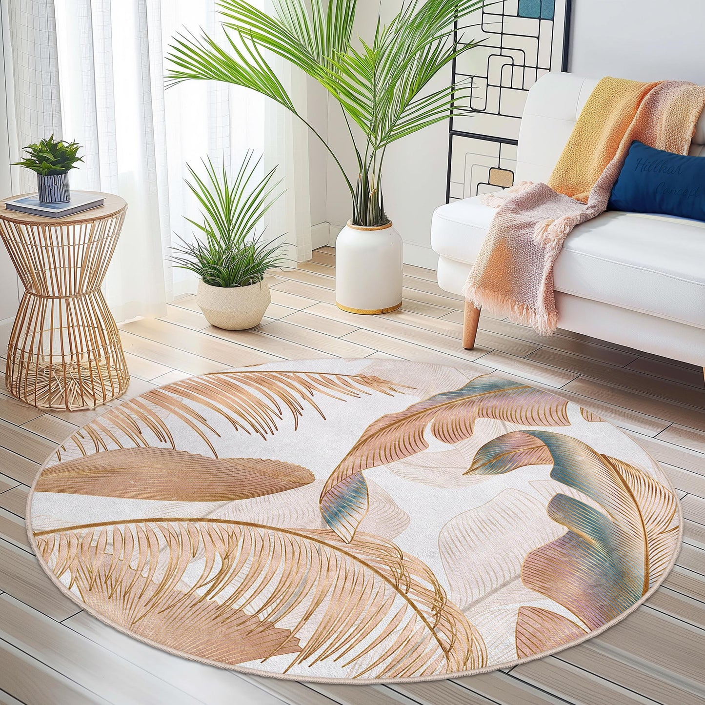 Eleganter runder Teppich mit tropischem Blättermuster | Weiche Baumwollmatte | Stilvolle Boho-Wohndekoration | Waschbarer runder Teppich für den Innenbereich