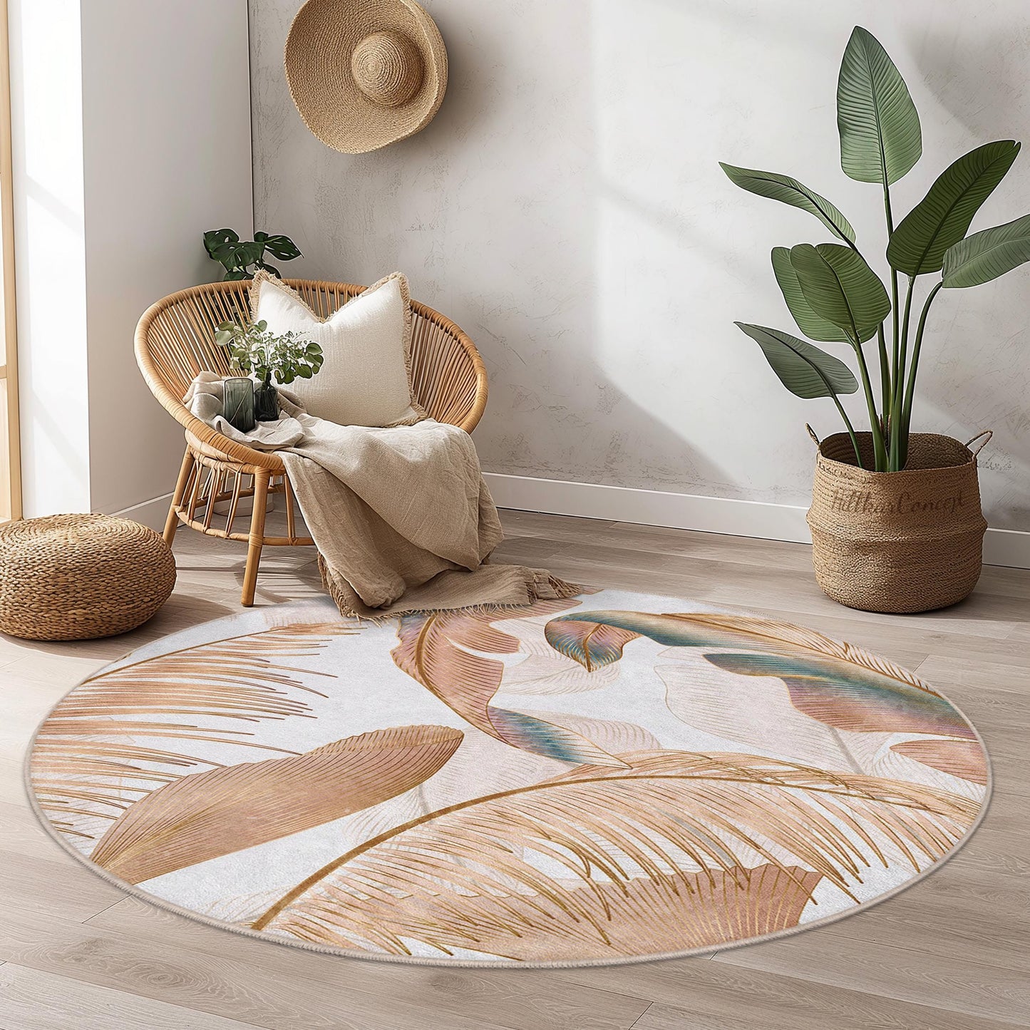 Elegant Tropical Leaf Round Area Rug | Soft Cotton Floor Mat | Stylish Boho Home Decor | Washable Indoor Round Carpet
