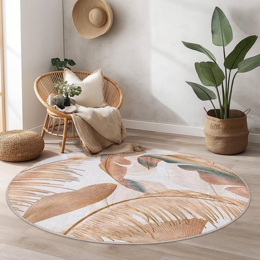 Elegant Tropical Leaf Round Area Rug | Soft Cotton Floor Mat | Stylish Boho Home Decor | Washable Indoor Round Carpet